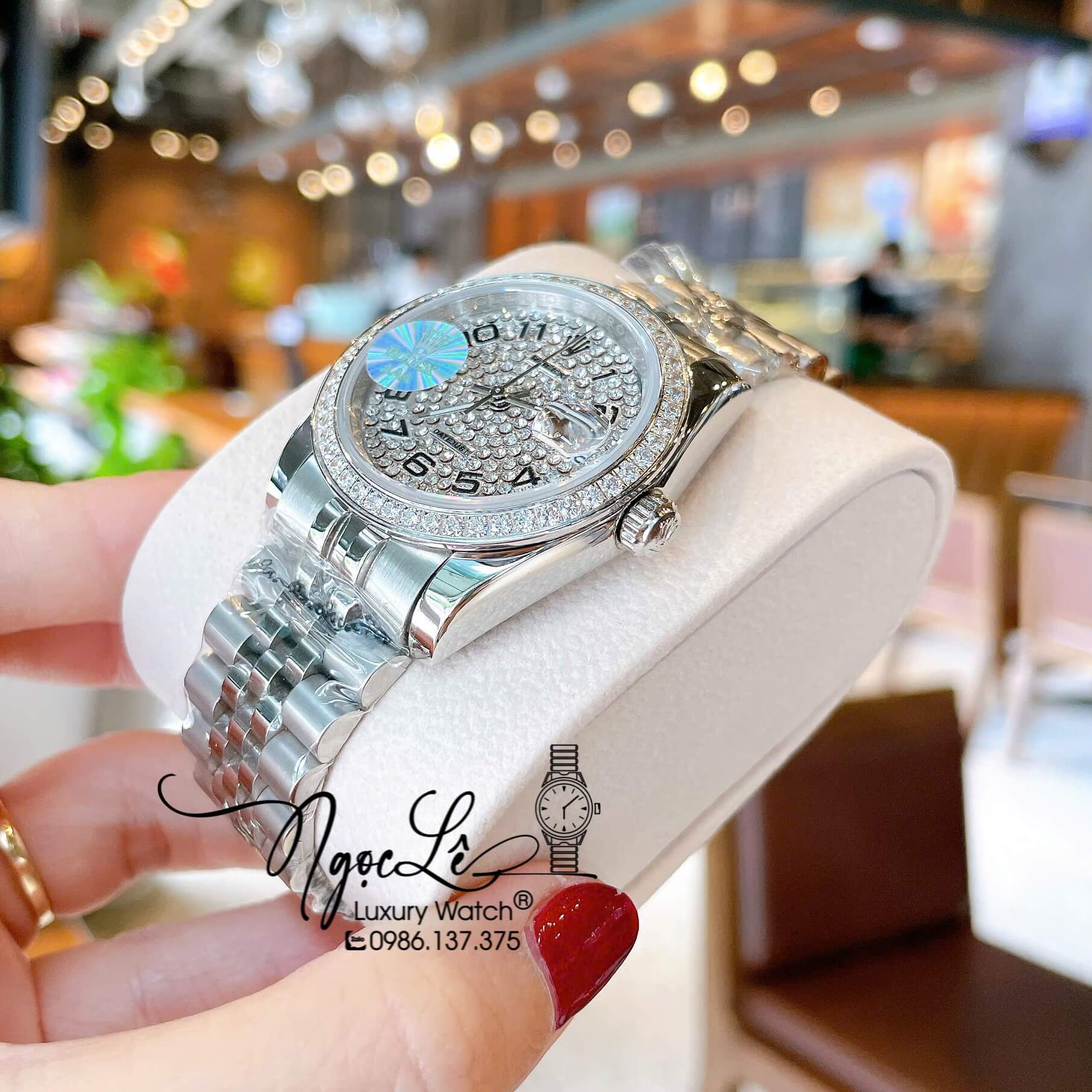 Đồng Hồ Rolex Datejust Pin Dây Kim Loại Màu Bạc Đính Đá Size 36mm Unisex Mặt Số Đen