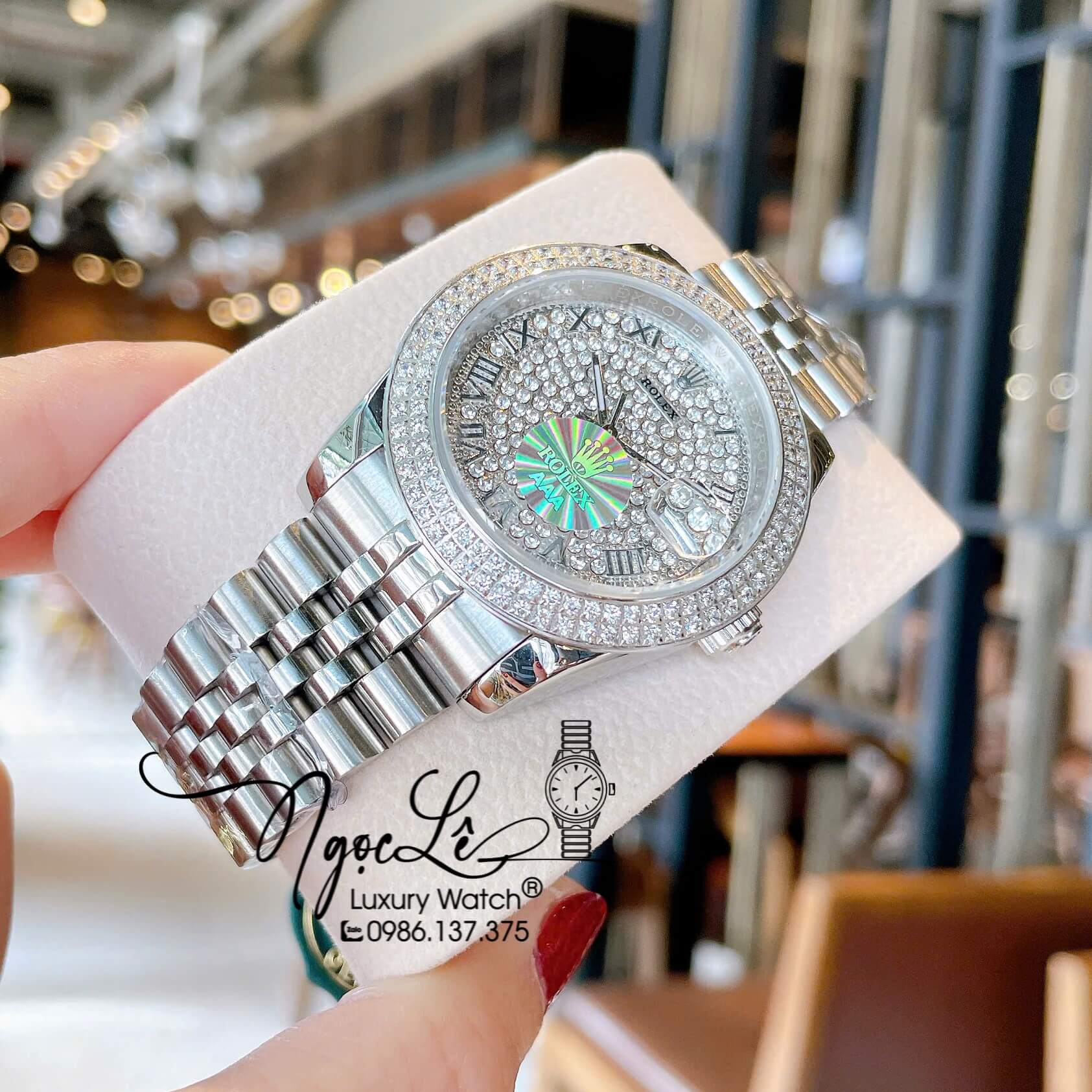 Đồng Hồ Rolex Datejust Pin Dây Kim Loại Màu Bạc Đính Đá Size 36mm Unisex