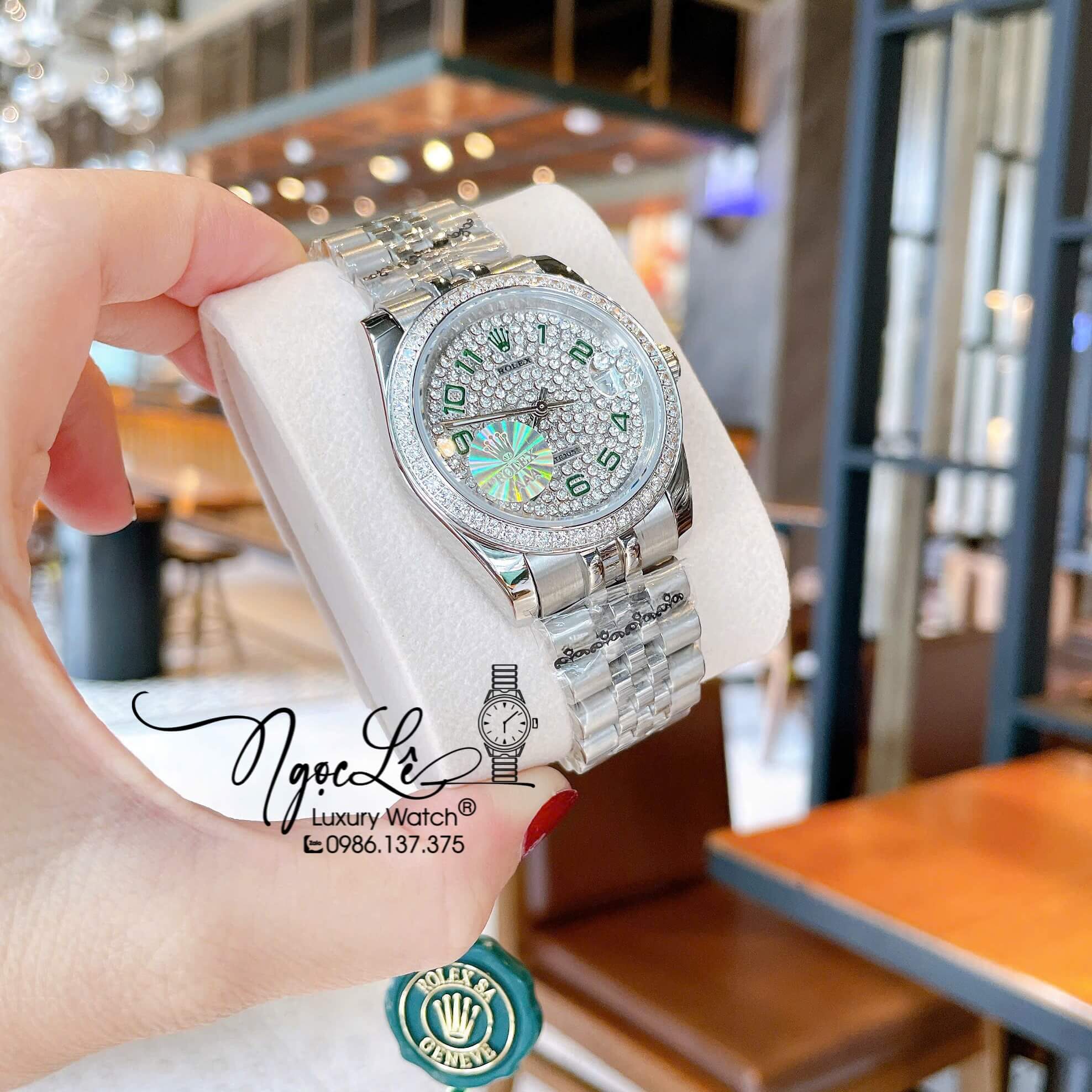 Đồng Hồ Rolex Datejust Pin Dây Kim Loại Màu Bạc Đính Đá Size 36mm Unisex Mặt Số Xanh Lá