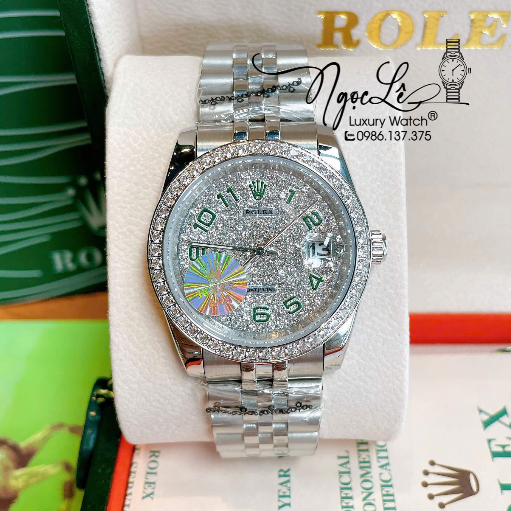Đồng Hồ Rolex Datejust Pin Dây Kim Loại Màu Bạc Đính Đá Size 36mm Unisex Mặt Số Xanh Lá