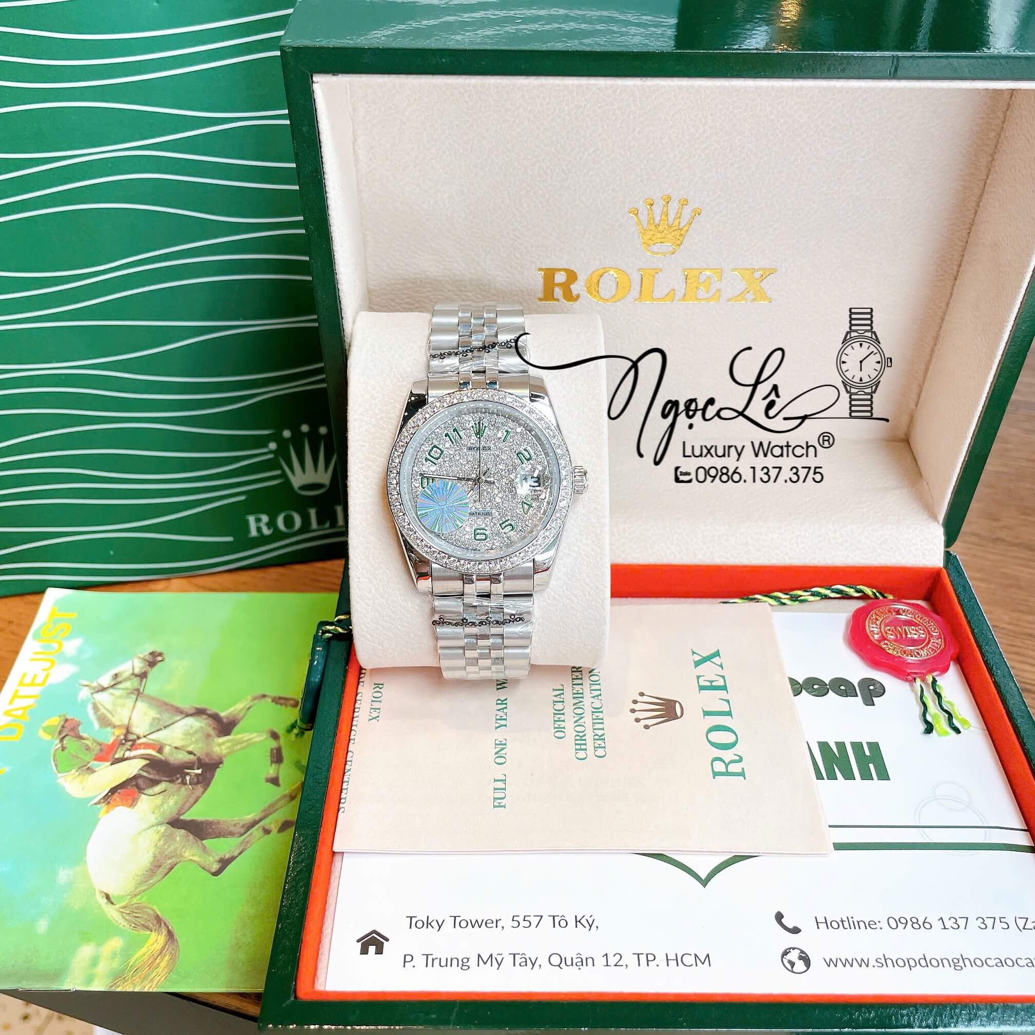 Đồng Hồ Rolex Datejust Pin Dây Kim Loại Màu Bạc Đính Đá Size 36mm Unisex Mặt Số Xanh Lá