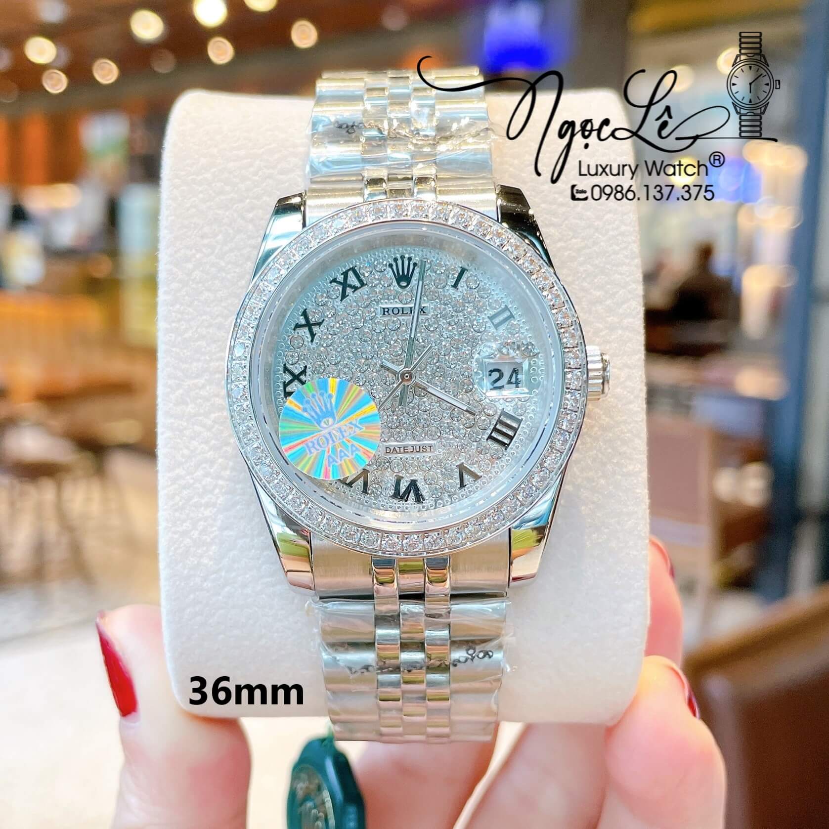 Đồng Hồ Rolex Datejust Pin Dây Kim Loại Màu Bạc Đính Đá Size 36mm Unisex Mặt Số La Mã