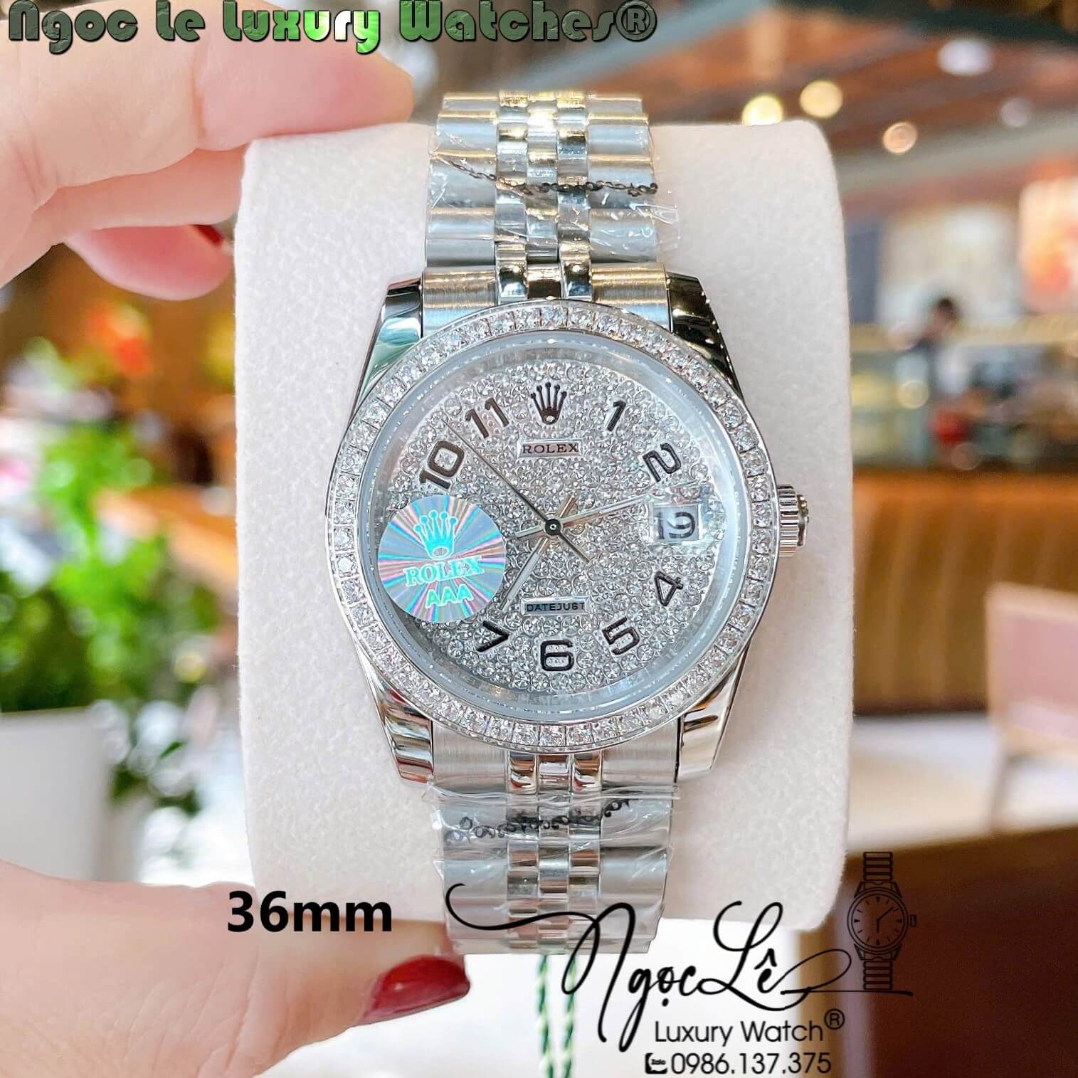 Đồng Hồ Rolex Datejust Pin Dây Kim Loại Màu Bạc Đính Đá Size 36mm Unisex Mặt Số Đen