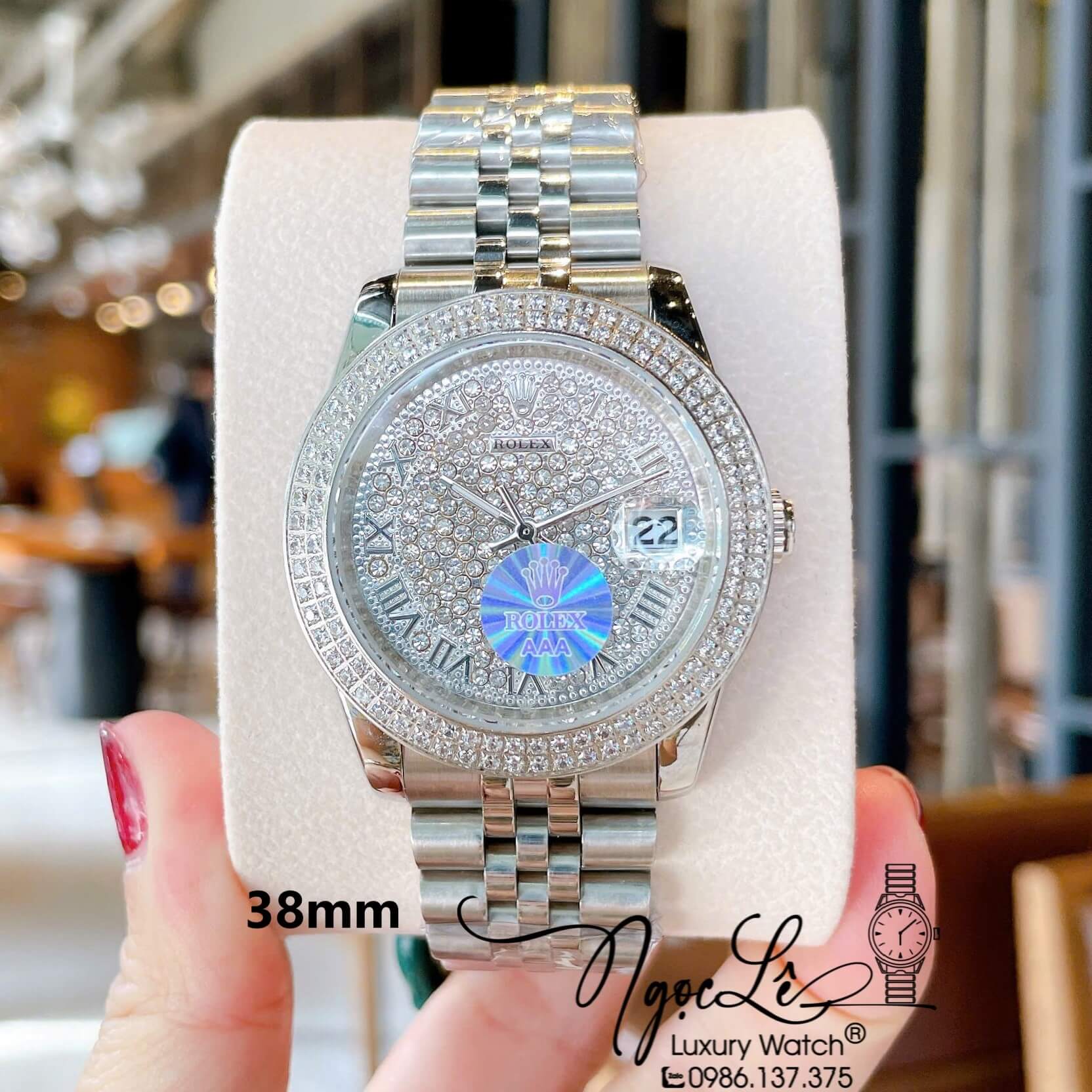 Đồng Hồ Rolex Datejust Pin Dây Kim Loại Màu Bạc Đính Đá Size 38mm Unisex