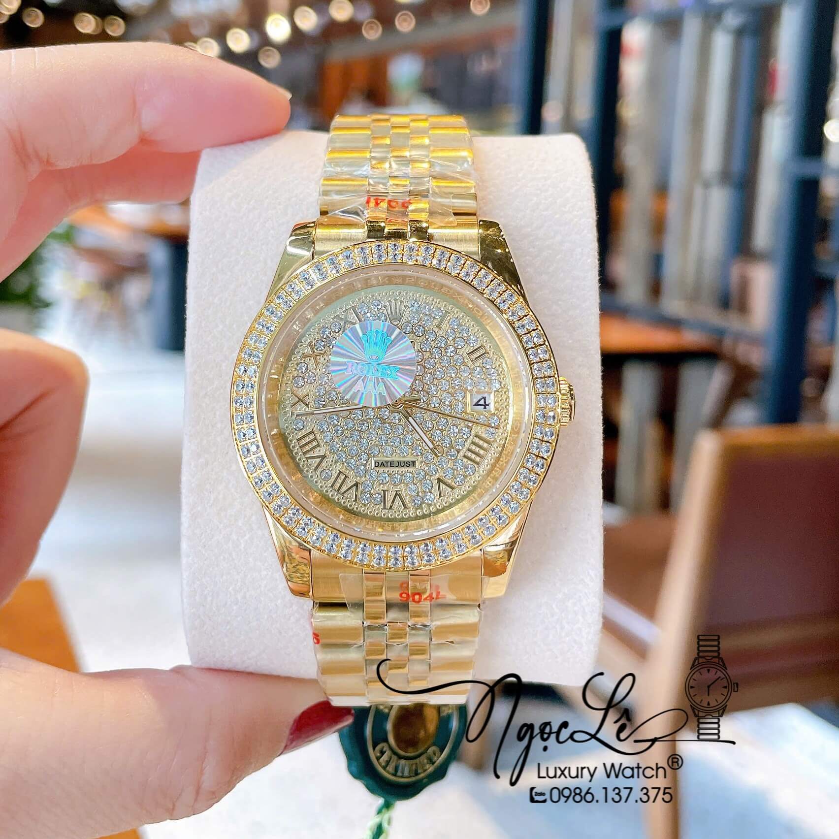Đồng Hồ Nam Rolex Datejust Pin Dây Kim Loại Vàng Mặt Vàng Đính Đá Size 41mm