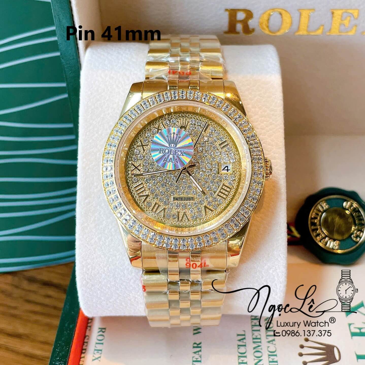 Đồng Hồ Nam Rolex Datejust Pin Dây Kim Loại Vàng Mặt Vàng Đính Đá Size 41mm
