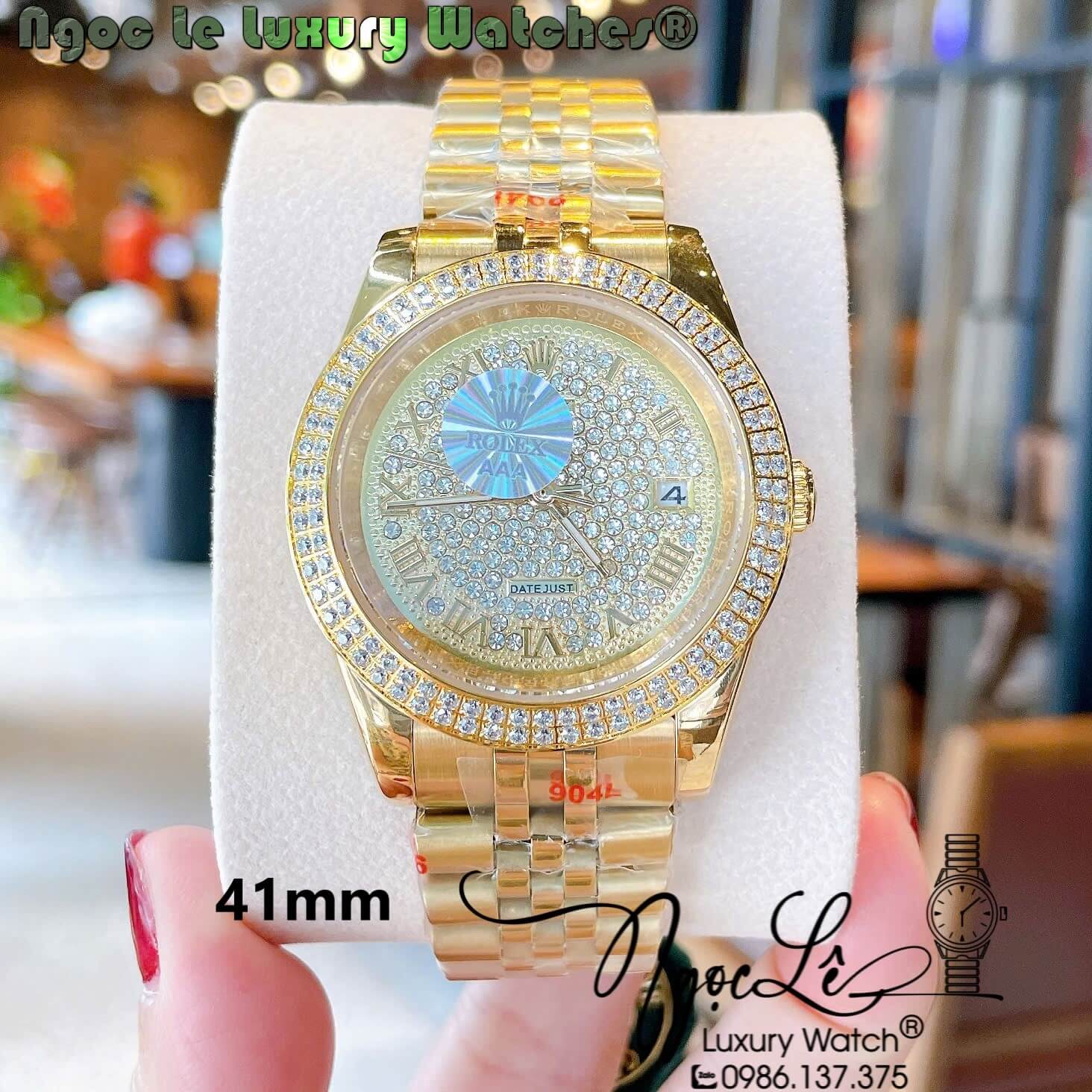 Đồng Hồ Nam Rolex Datejust Pin Dây Kim Loại Vàng Mặt Vàng Đính Đá Size 41mm