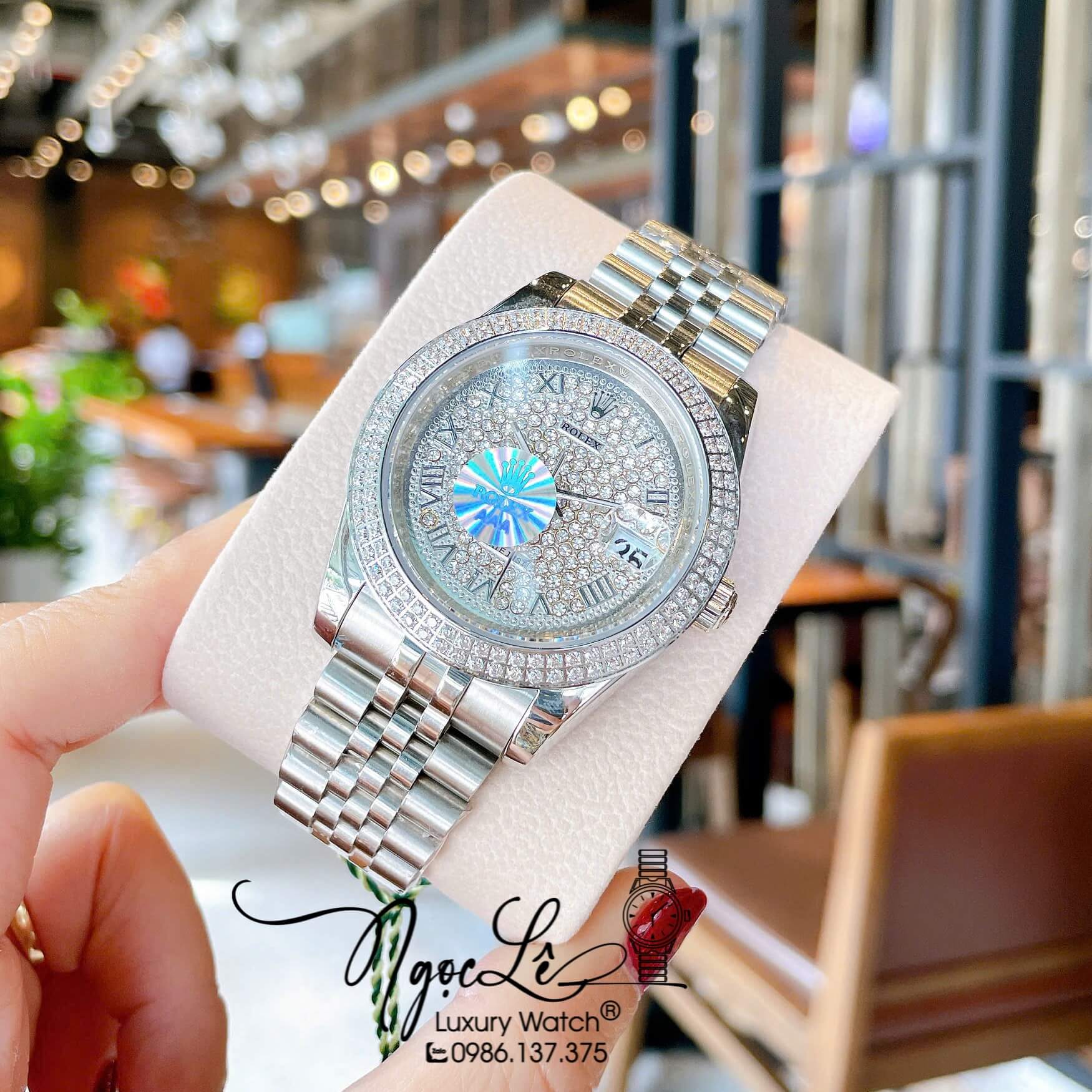 Đồng Hồ Nam Rolex Datejust Pin Dây Kim Loại Màu Bạc Đính Đá Size 41mm