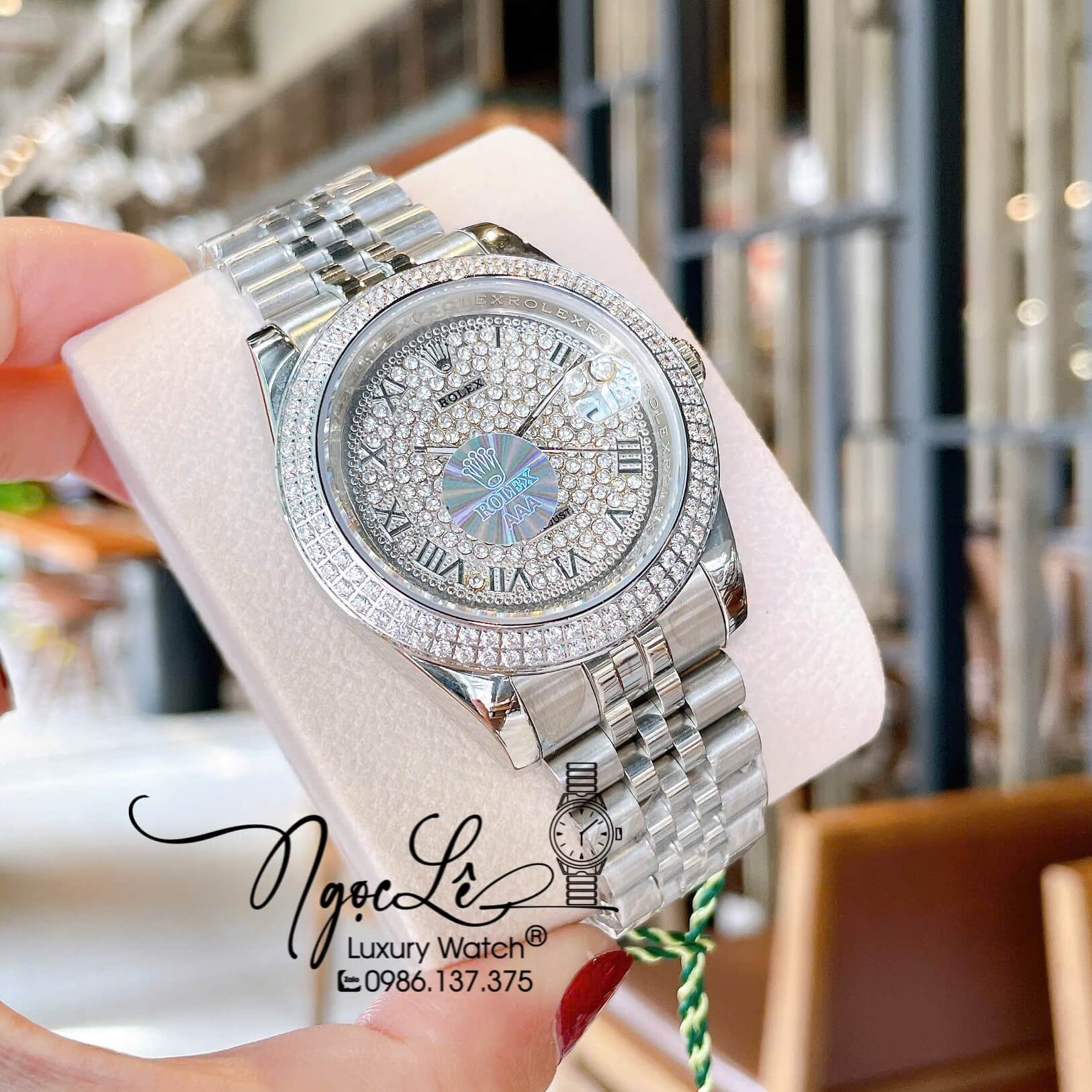 Đồng Hồ Nam Rolex Datejust Pin Dây Kim Loại Màu Bạc Đính Đá Size 41mm