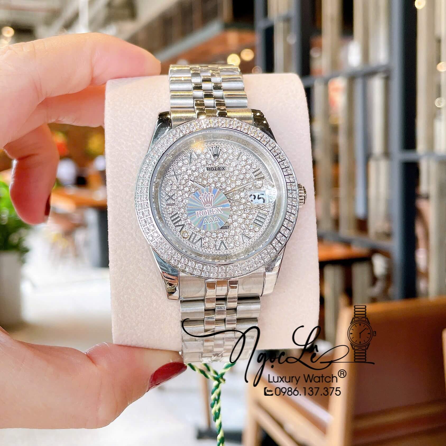 Đồng Hồ Nam Rolex Datejust Pin Dây Kim Loại Màu Bạc Đính Đá Size 41mm
