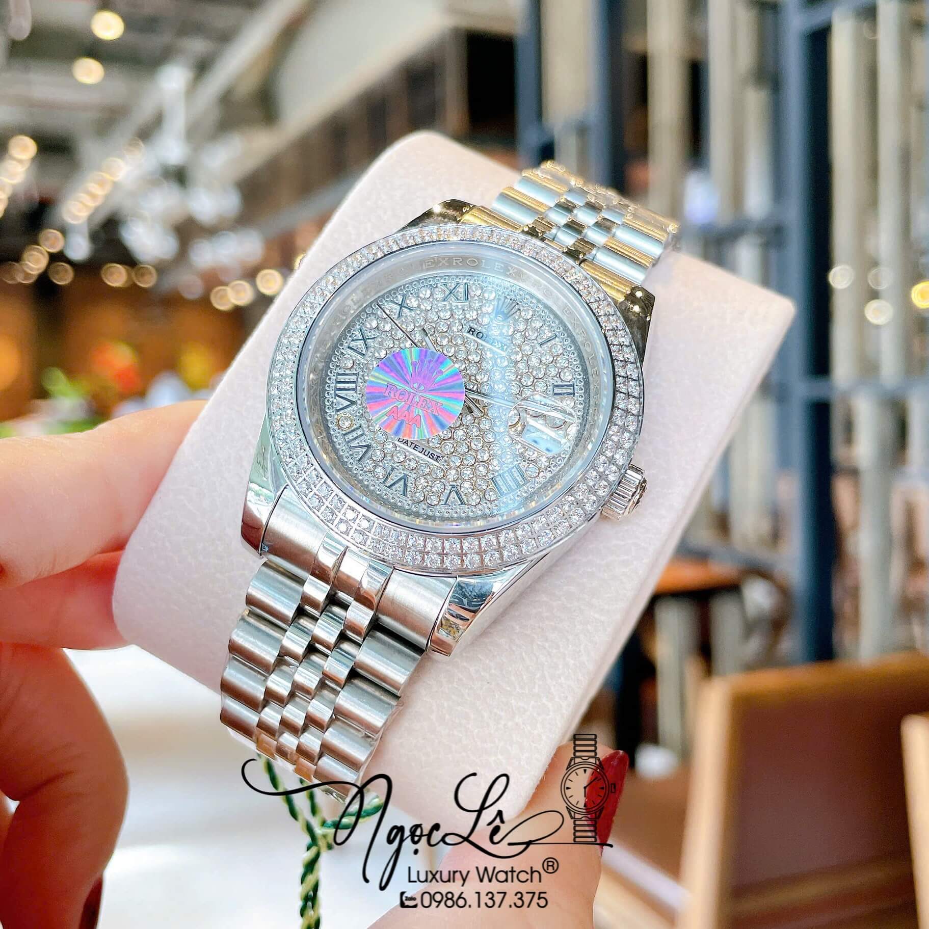 Đồng Hồ Nam Rolex Datejust Pin Dây Kim Loại Màu Bạc Đính Đá Size 41mm