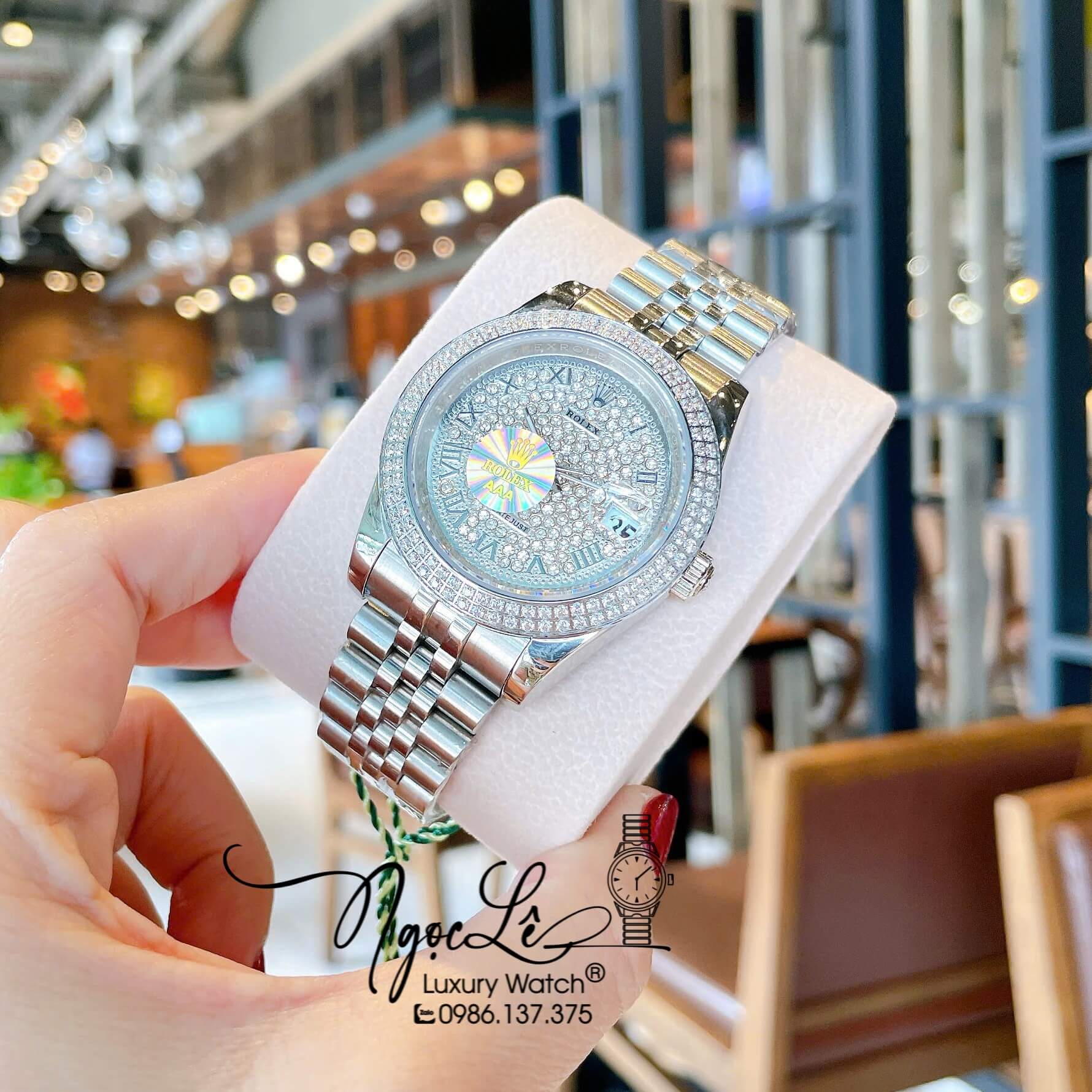 Đồng Hồ Nam Rolex Datejust Pin Dây Kim Loại Màu Bạc Đính Đá Size 41mm