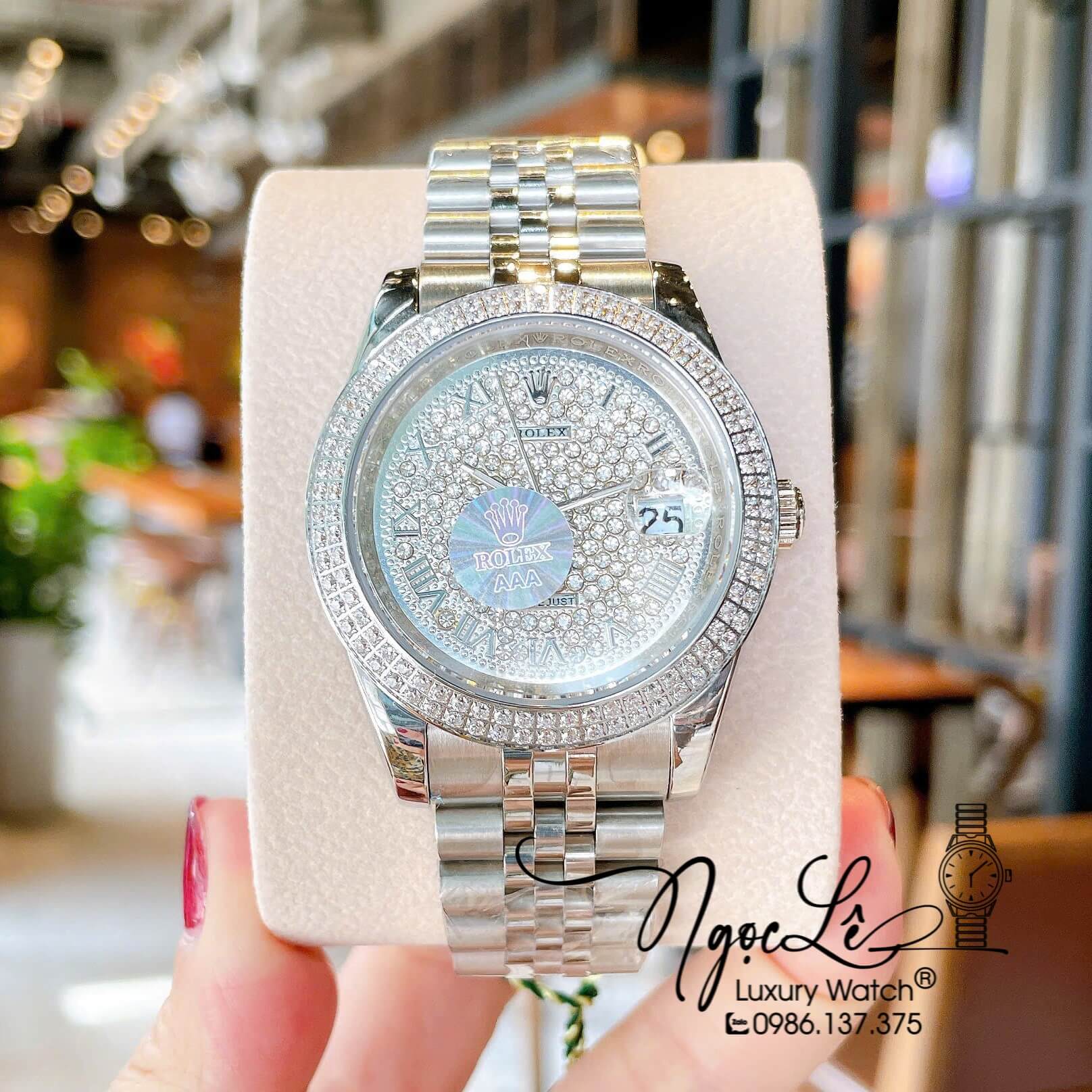 Đồng Hồ Nam Rolex Datejust Pin Dây Kim Loại Màu Bạc Đính Đá Size 41mm