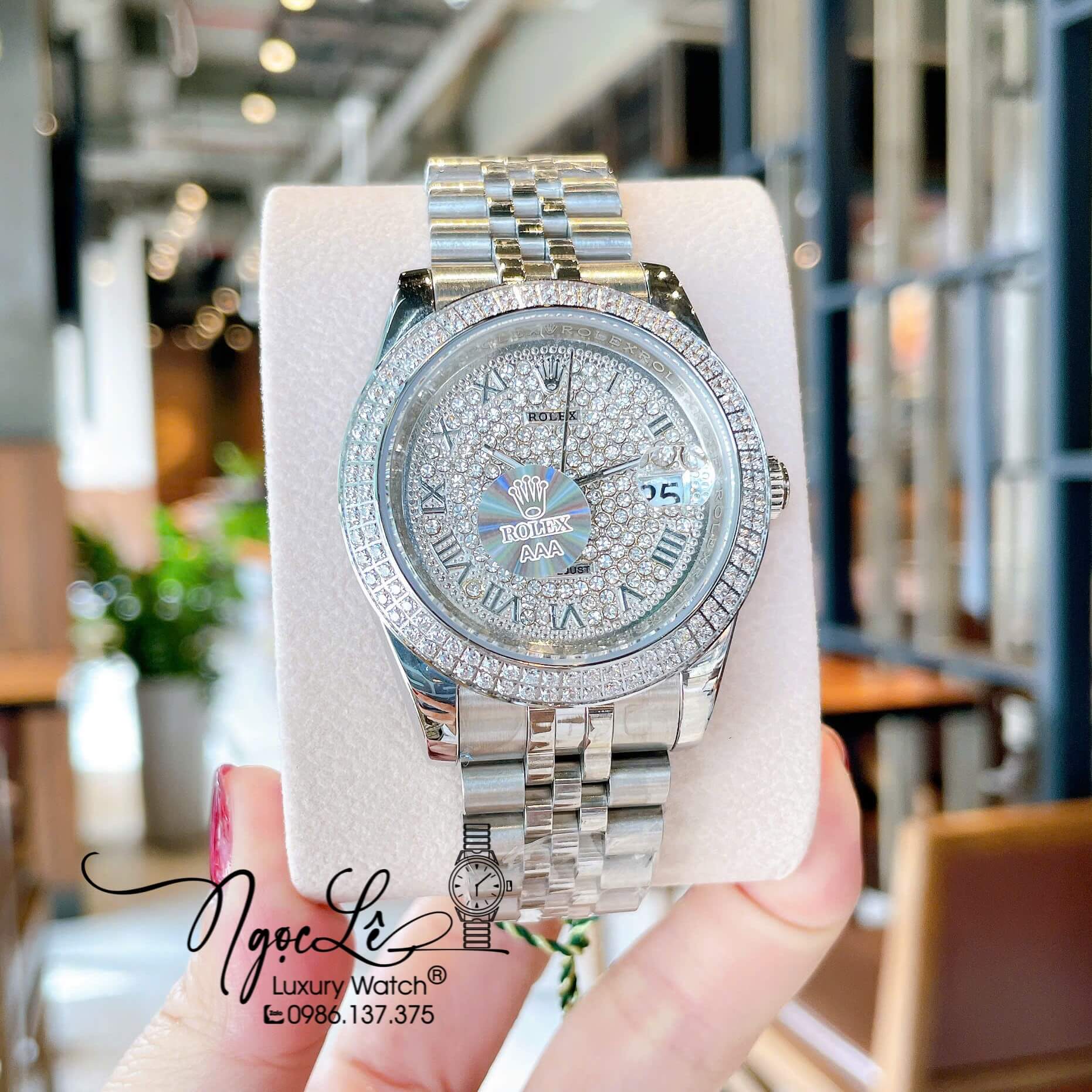 Đồng Hồ Nam Rolex Datejust Pin Dây Kim Loại Màu Bạc Đính Đá Size 41mm