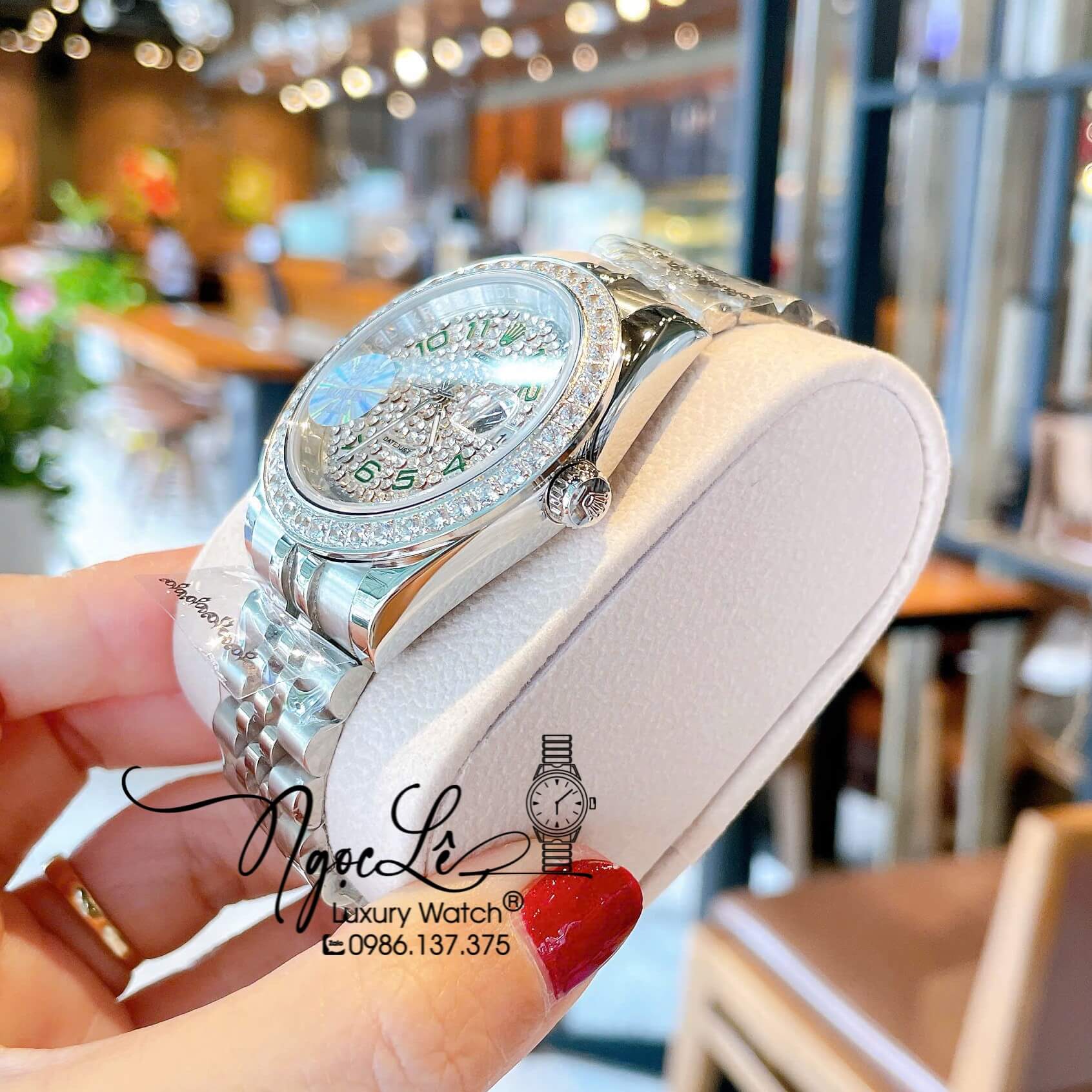 Đồng Hồ Nam Rolex Datejust Pin Dây Kim Loại Màu Bạc Đính Đá Size 41mm Mặt Số Xanh
