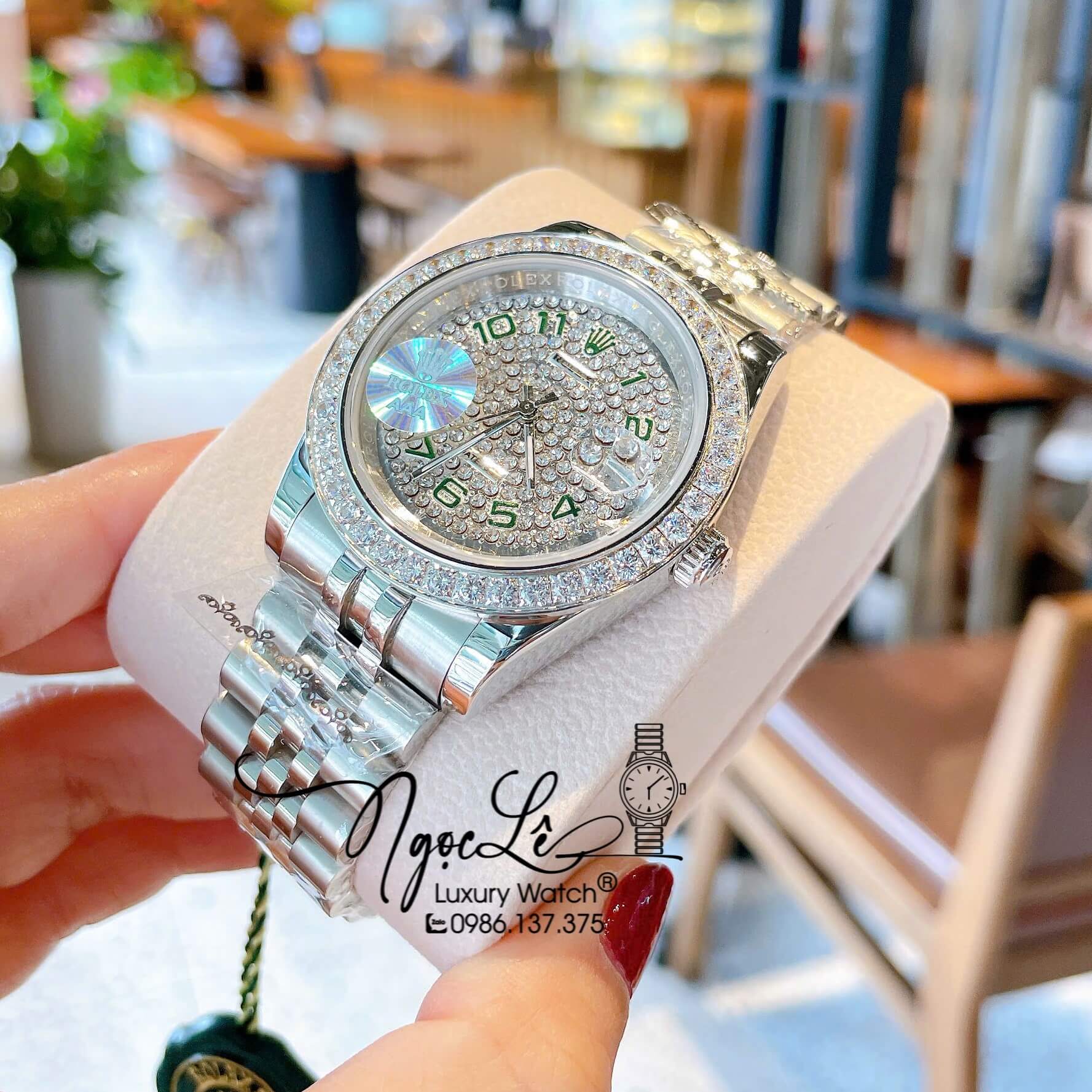 Đồng Hồ Nam Rolex Datejust Pin Dây Kim Loại Màu Bạc Đính Đá Size 41mm Mặt Số Xanh