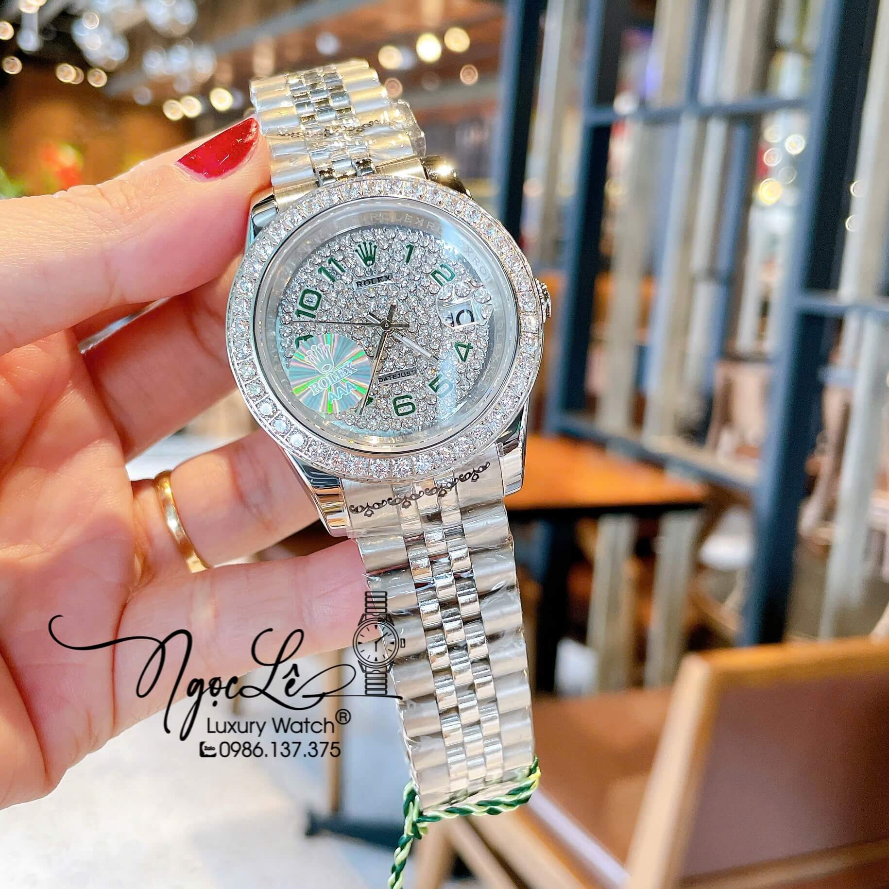 Đồng Hồ Nam Rolex Datejust Pin Dây Kim Loại Màu Bạc Đính Đá Size 41mm Mặt Số Xanh