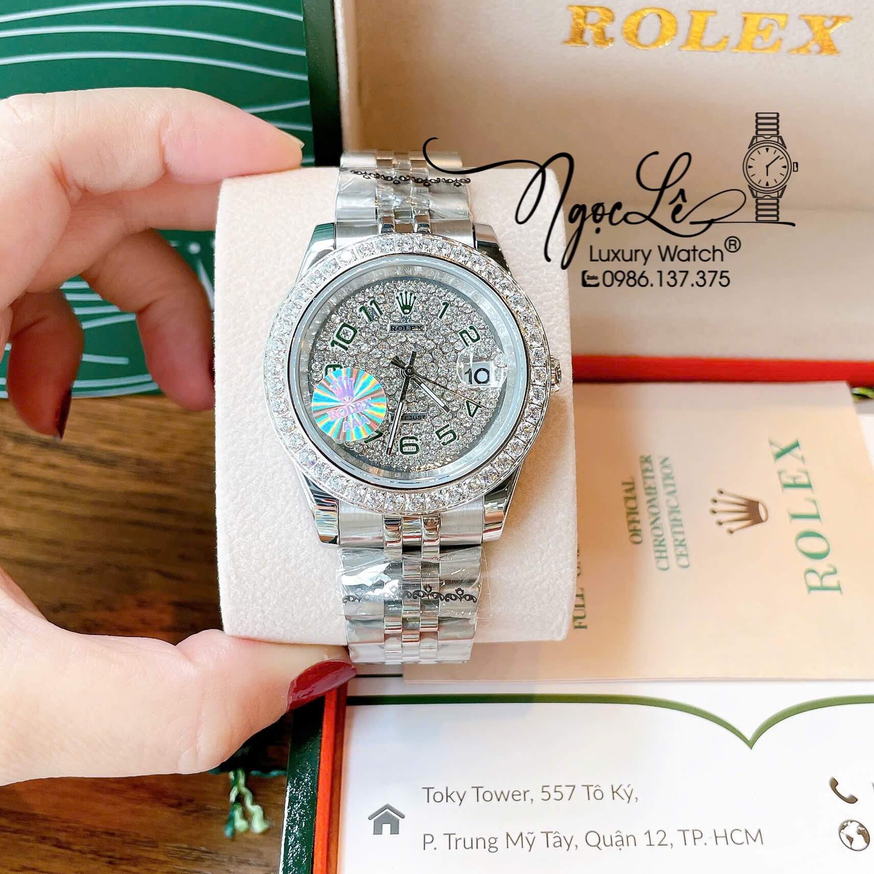 Đồng Hồ Nam Rolex Datejust Pin Dây Kim Loại Màu Bạc Đính Đá Size 41mm Mặt Số Xanh