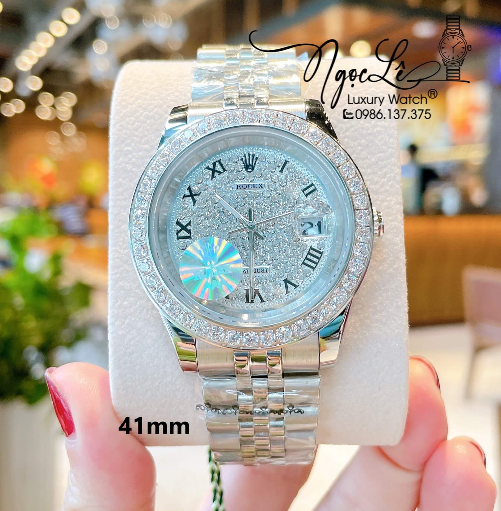 Đồng Hồ Nam Rolex Datejust Pin Dây Kim Loại Màu Bạc Đính Đá Size 41mm Mặt Số La Mã