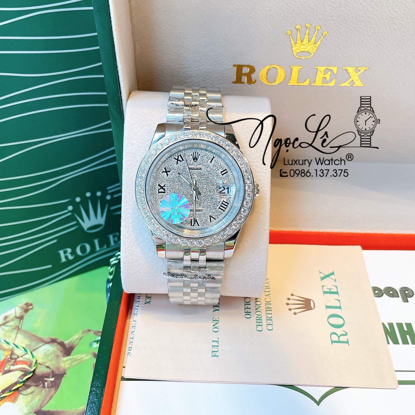 Đồng Hồ Nam Rolex Datejust Pin Dây Kim Loại Màu Bạc Đính Đá Size 41mm Mặt Số La Mã
