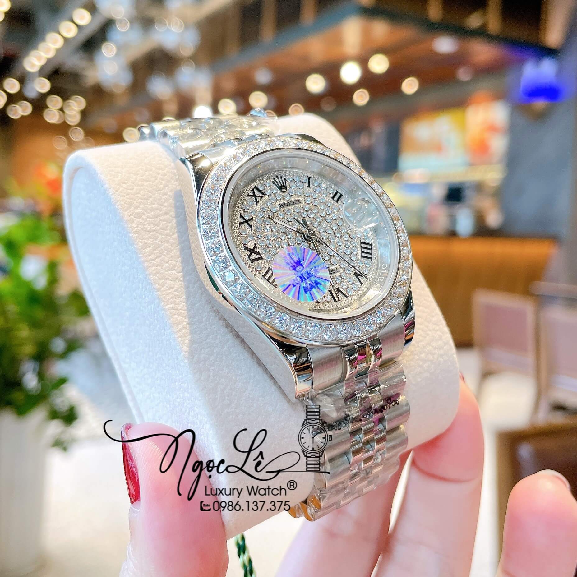 Đồng Hồ Nam Rolex Datejust Pin Dây Kim Loại Màu Bạc Đính Đá Size 41mm Mặt Số La Mã