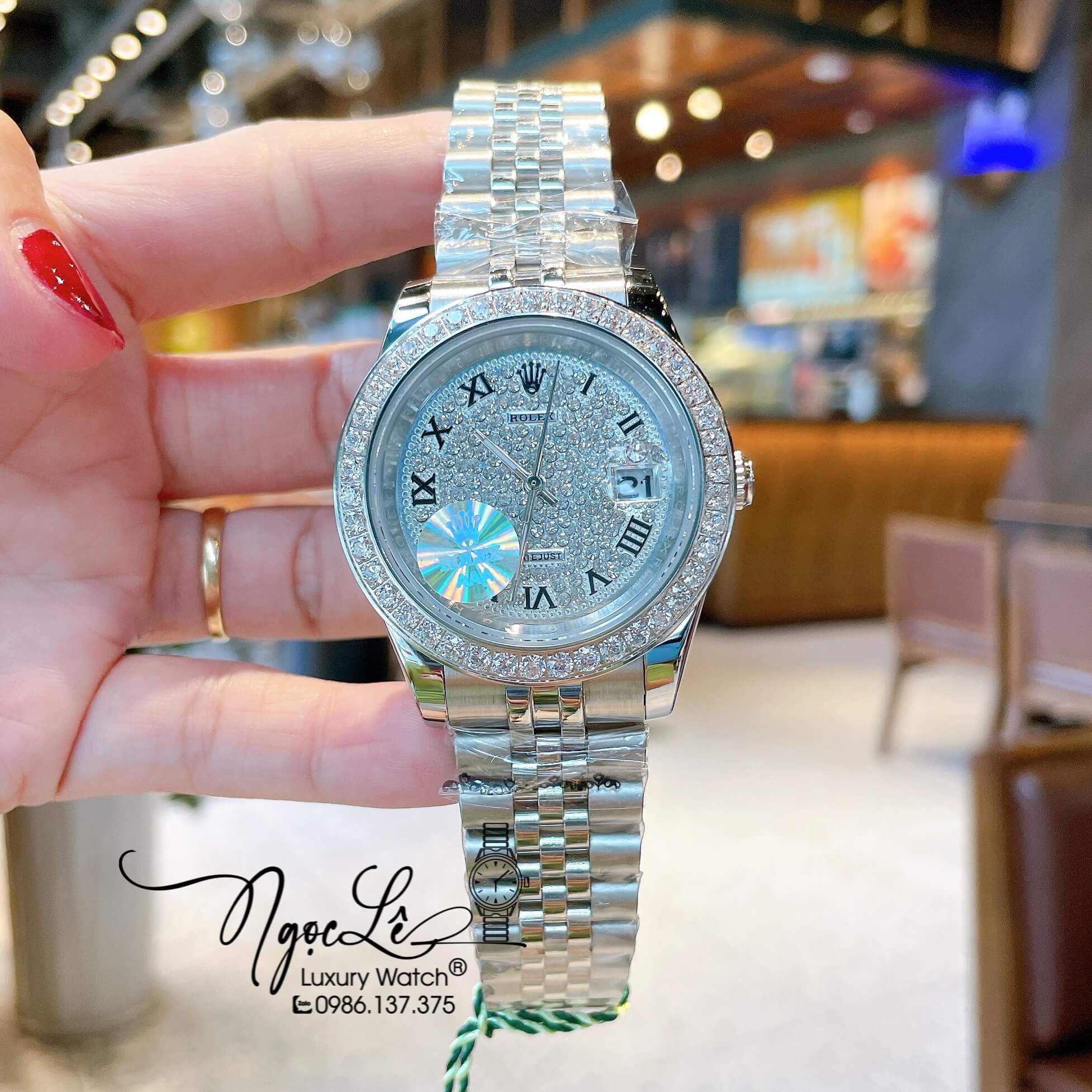 Đồng Hồ Nam Rolex Datejust Pin Dây Kim Loại Màu Bạc Đính Đá Size 41mm Mặt Số La Mã