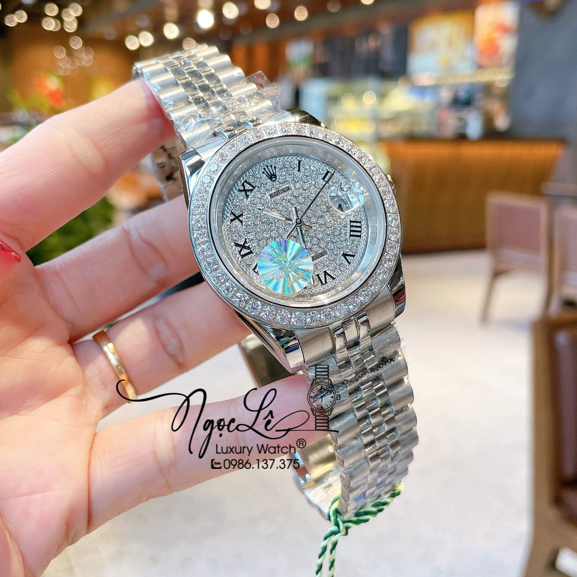 Đồng Hồ Nam Rolex Datejust Pin Dây Kim Loại Màu Bạc Đính Đá Size 41mm Mặt Số La Mã