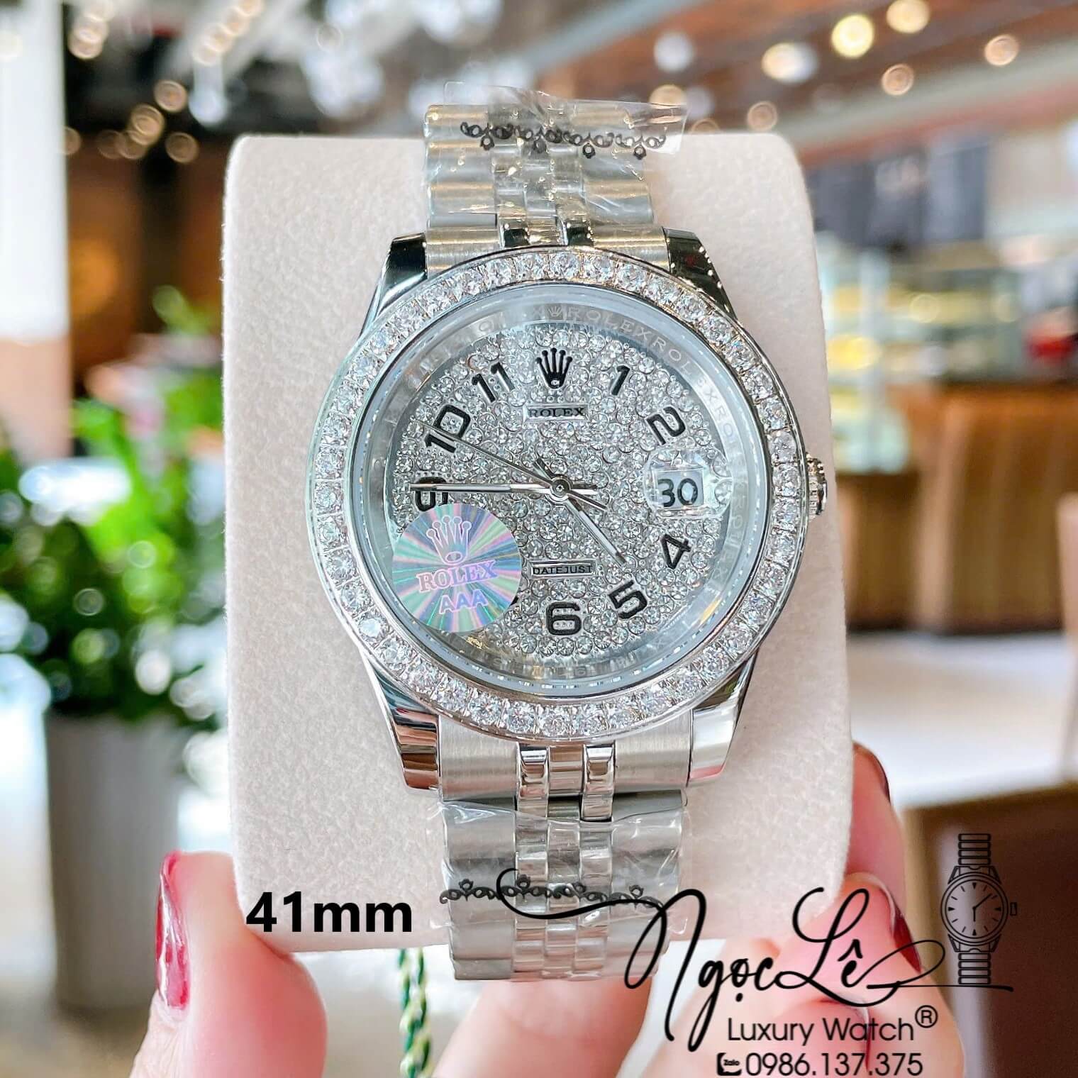 Đồng Hồ Nam Rolex Datejust Pin Dây Kim Loại Màu Bạc Đính Đá Size 41mm Mặt Số Đen