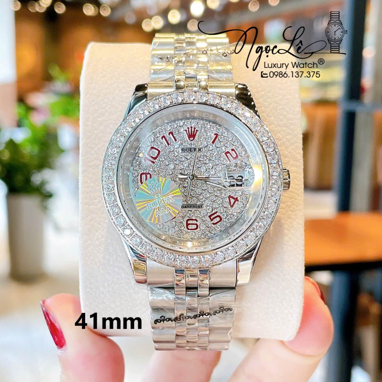 Đồng Hồ Nam Rolex Datejust Pin Dây Kim Loại Màu Bạc Đính Đá Size 41mm Mặt Số Đỏ