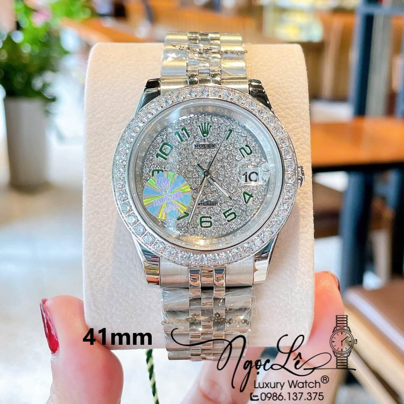 Đồng Hồ Nam Rolex Datejust Pin Dây Kim Loại Màu Bạc Đính Đá Size 41mm Mặt Số Xanh