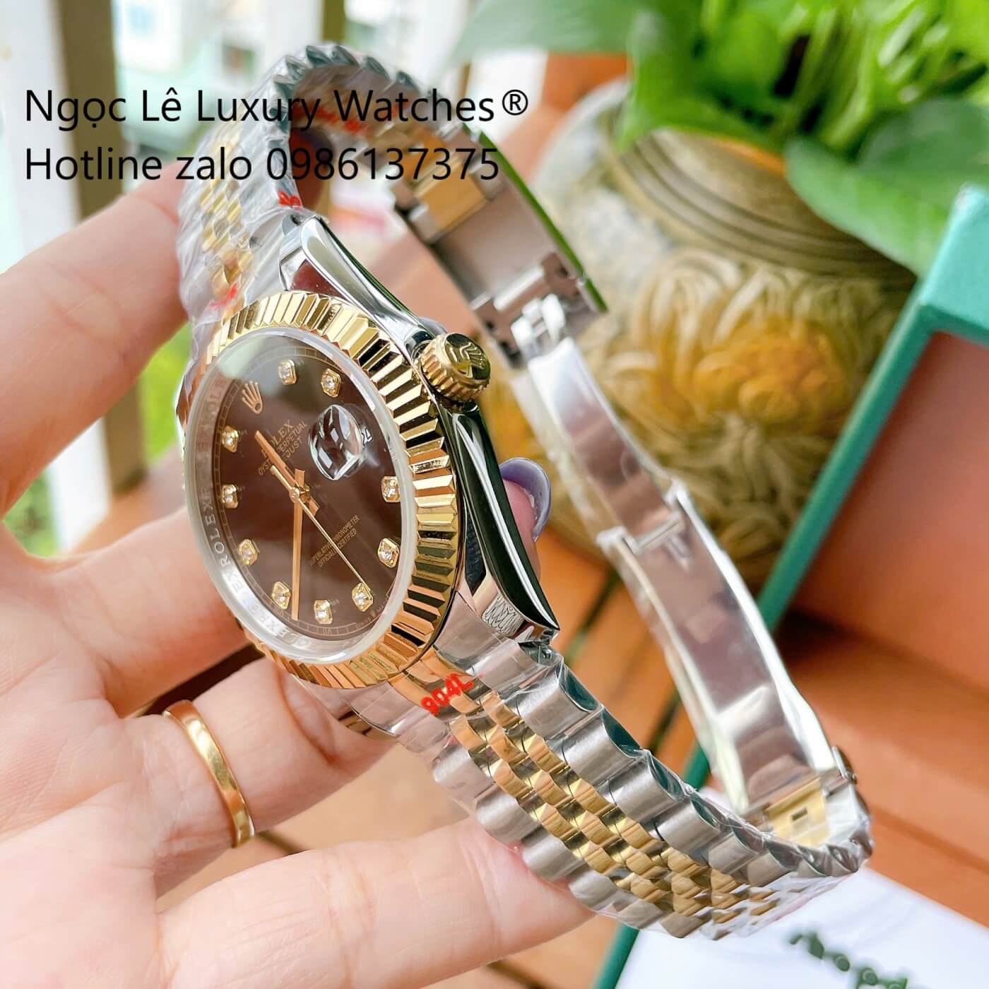 Đồng Hồ Rolex Datejust Cơ Tự Động Dây Demi Vàng Gold Mặt Đen Size 41mm - Niềng Khía