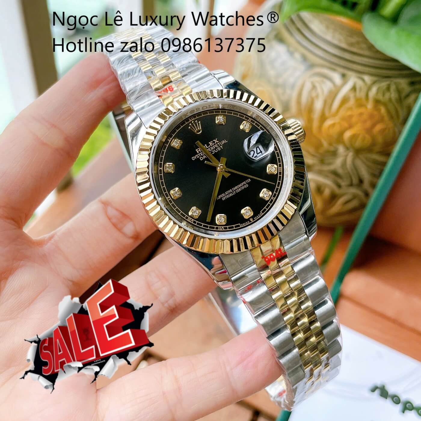 Đồng Hồ Rolex Datejust Cơ Tự Động Dây Demi Vàng Gold Mặt Đen Size 41mm - Niềng Khía