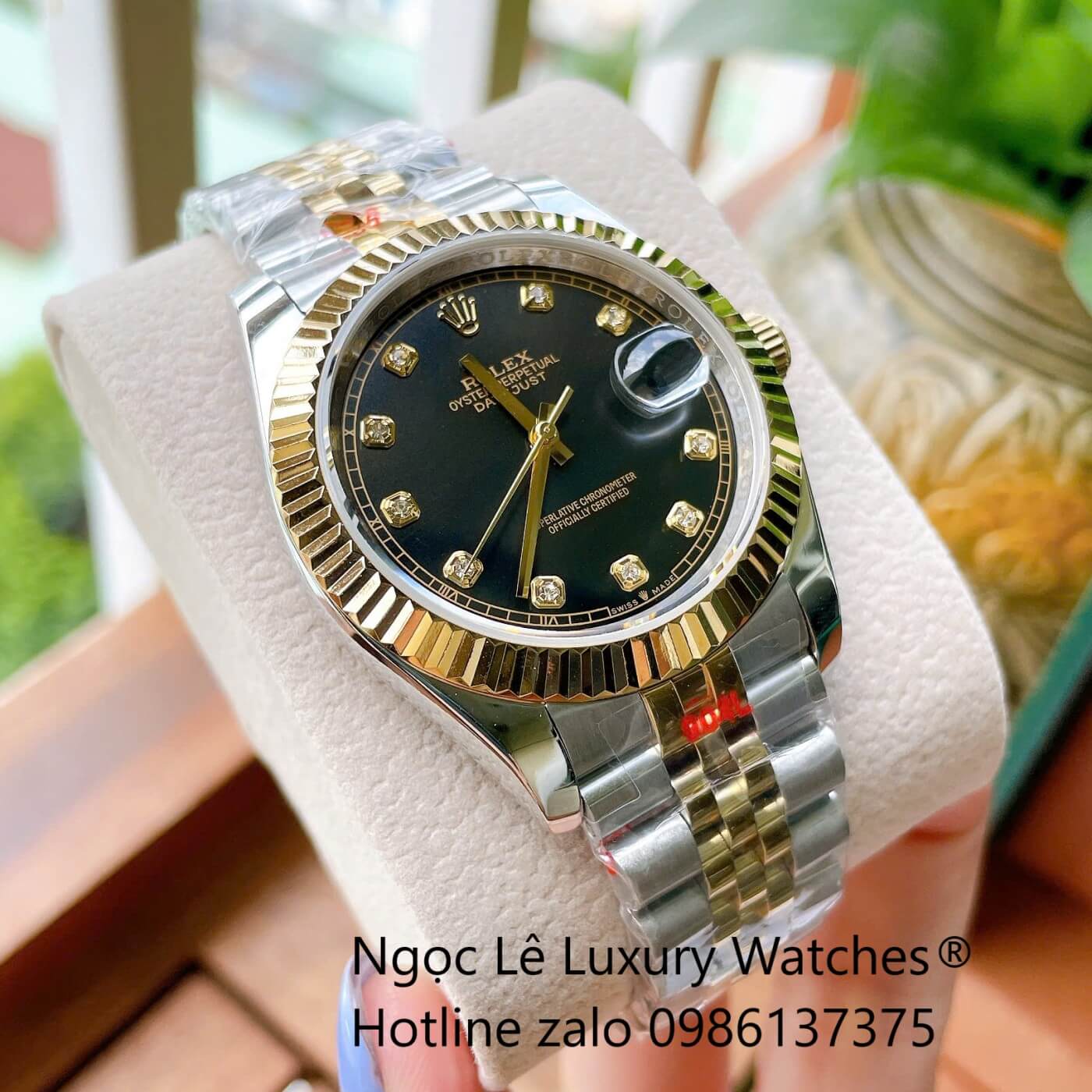 Đồng Hồ Rolex Datejust Cơ Tự Động Dây Demi Vàng Gold Mặt Đen Size 41mm - Niềng Khía