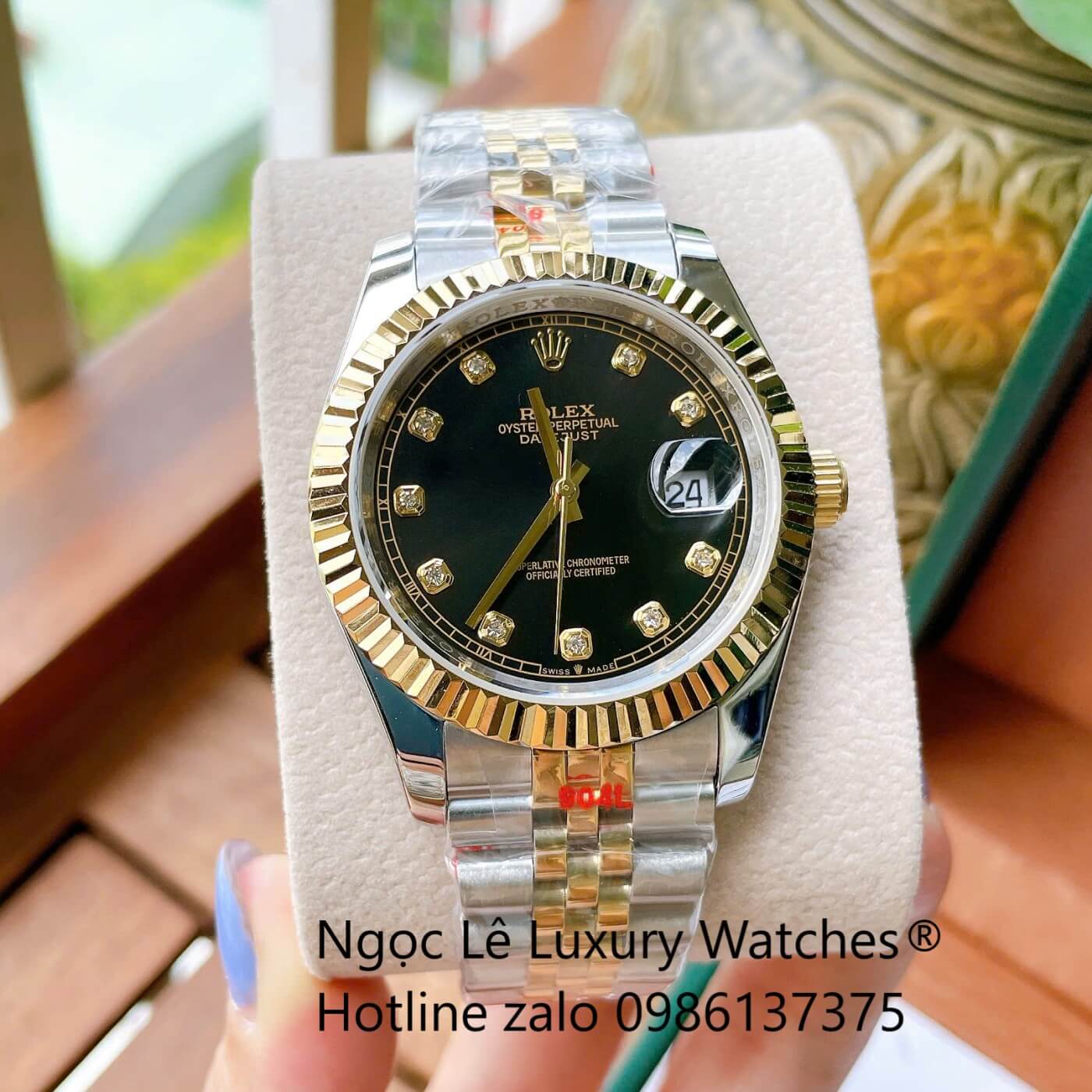 Đồng Hồ Rolex Datejust Cơ Tự Động Dây Demi Vàng Gold Mặt Đen Size 41mm - Niềng Khía