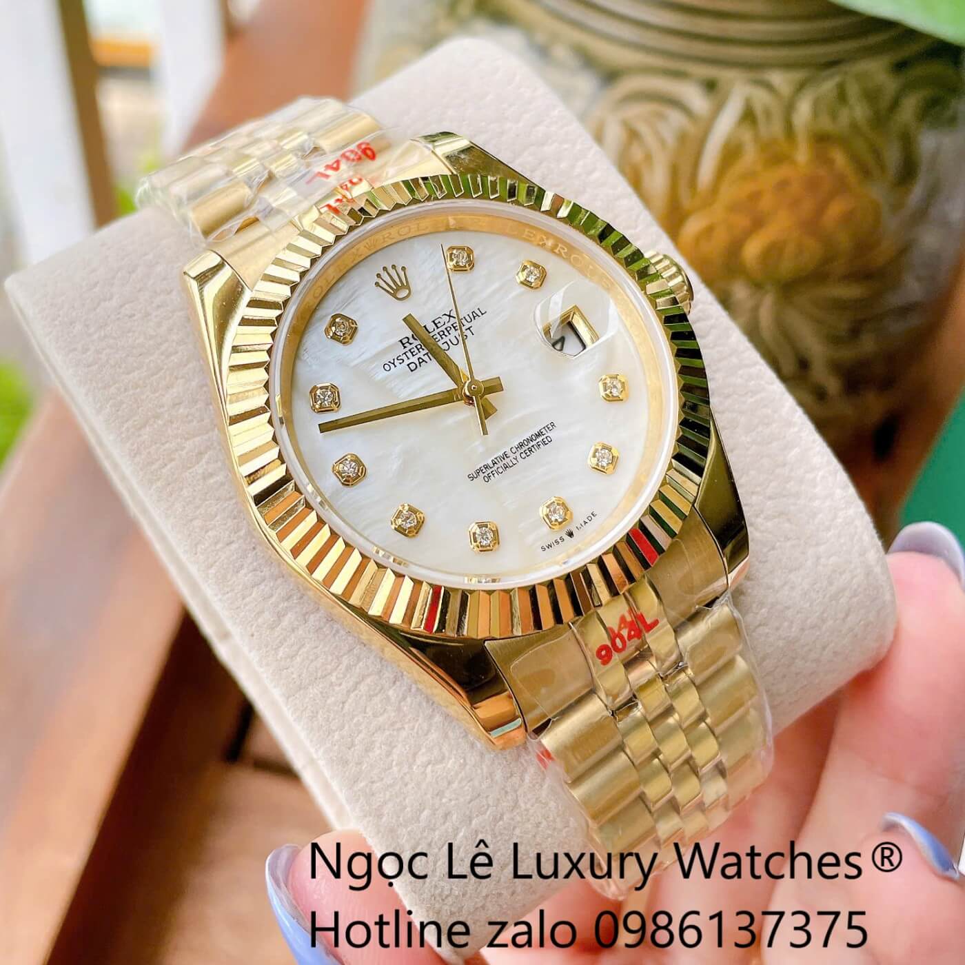 Đồng Hồ Rolex Datejust Cơ Tự Động Dây Thép Vàng Mặt Xà Cừ Trắng Size 41mm - Niềng Khía