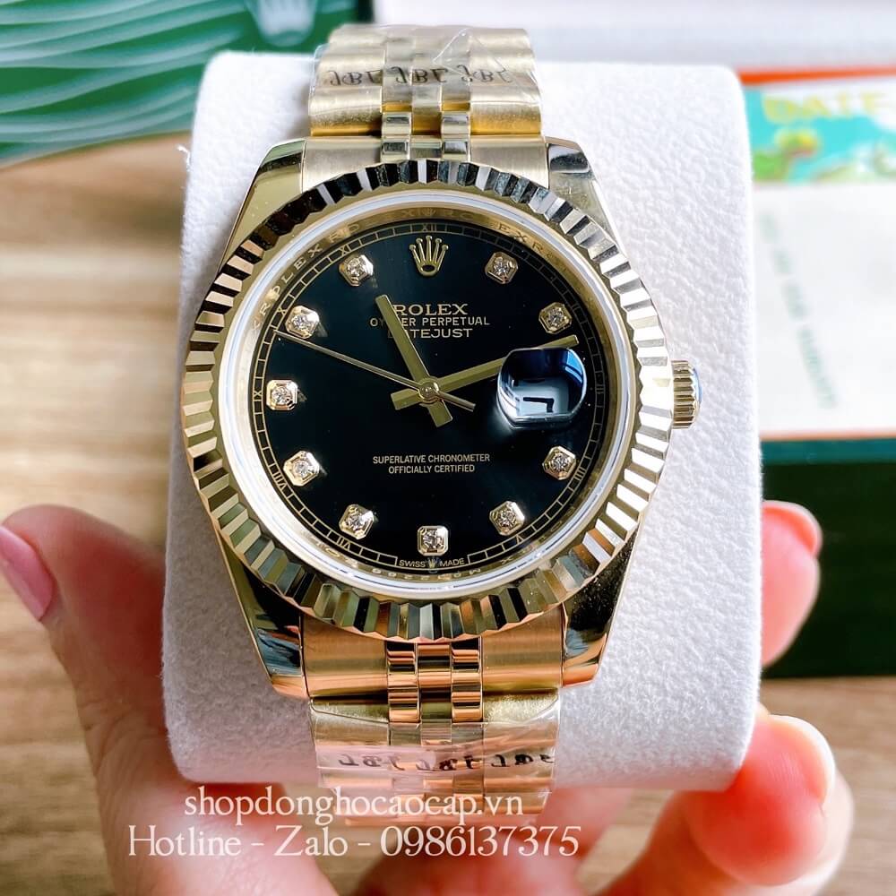 Đồng Hồ Rolex Datejust Nam Tự Động Viền Khía Dây Vàng Mặt Đen 41mm