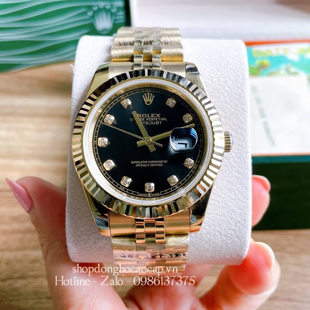 Đồng Hồ Rolex Datejust Nam Tự Động Viền Khía Dây Vàng Mặt Đen 41mm