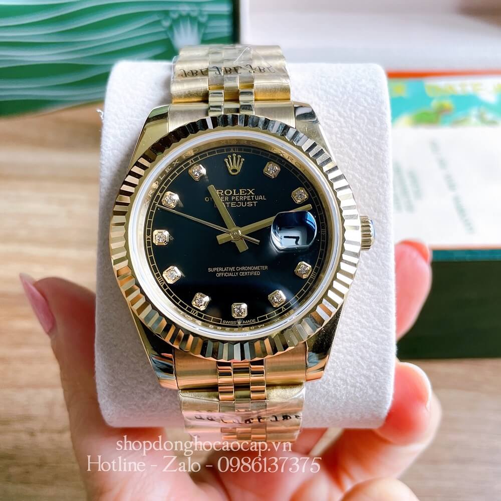 Đồng Hồ Rolex Datejust Nam Tự Động Viền Khía Dây Vàng Mặt Đen 41mm