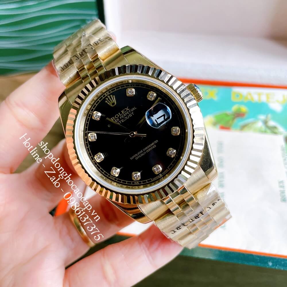 Đồng Hồ Rolex Datejust Nam Tự Động Viền Khía Dây Vàng Mặt Đen 41mm