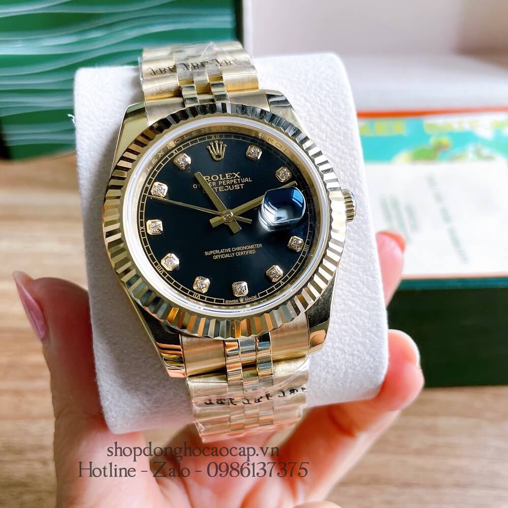 Đồng Hồ Rolex Datejust Nam Tự Động Viền Khía Dây Vàng Mặt Đen 41mm