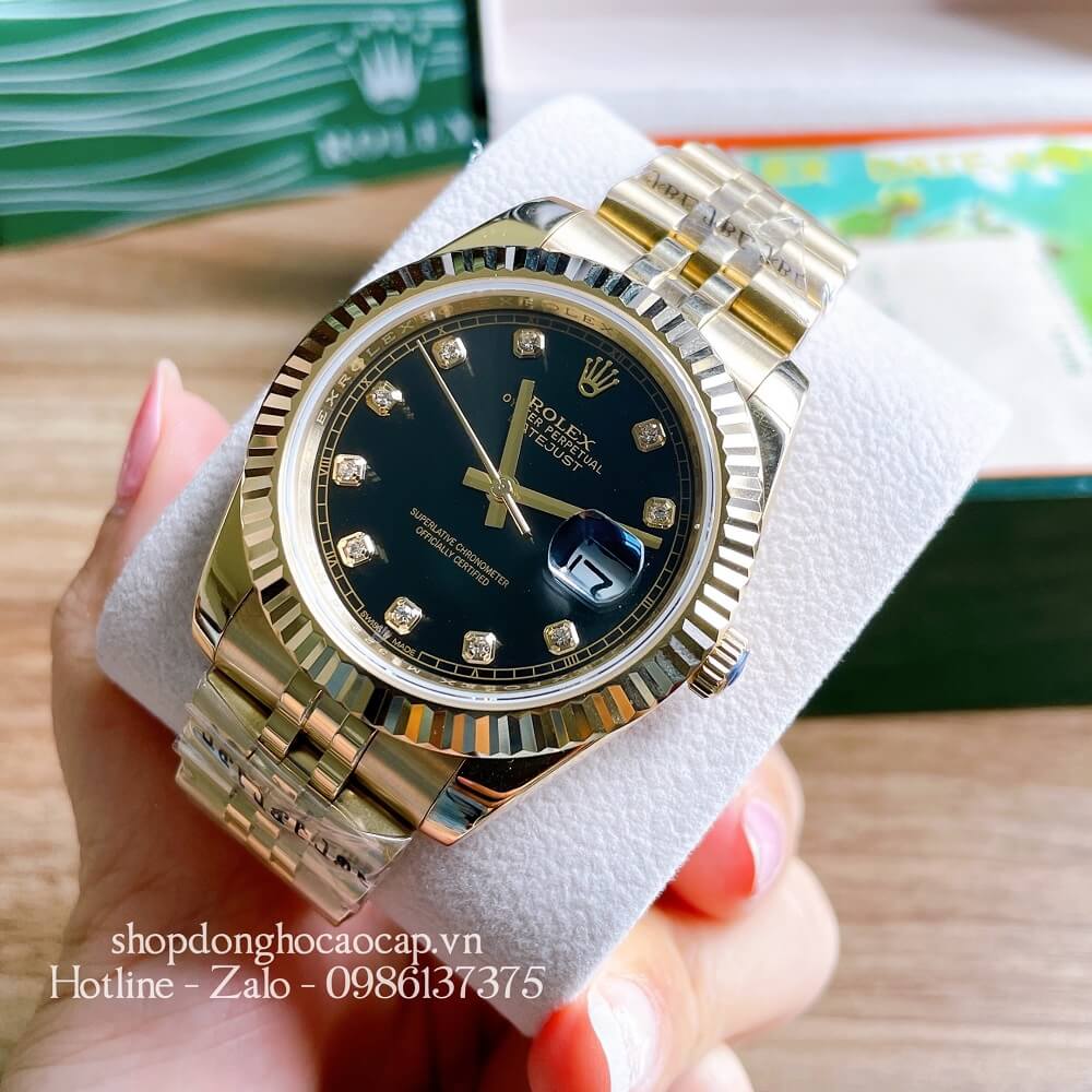 Đồng Hồ Rolex Datejust Nam Tự Động Viền Khía Dây Vàng Mặt Đen 41mm