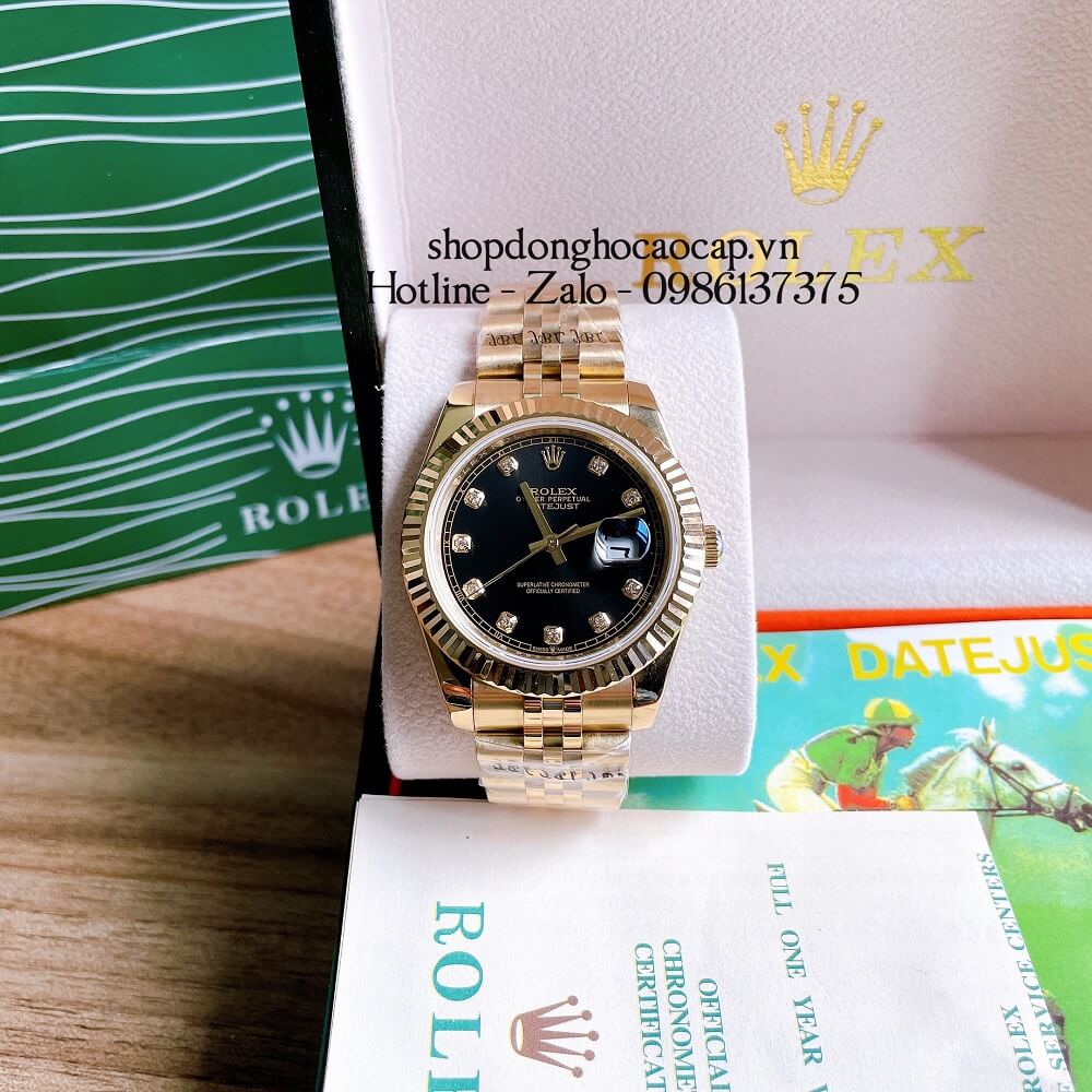 Đồng Hồ Rolex Datejust Nam Tự Động Viền Khía Dây Vàng Mặt Đen 41mm