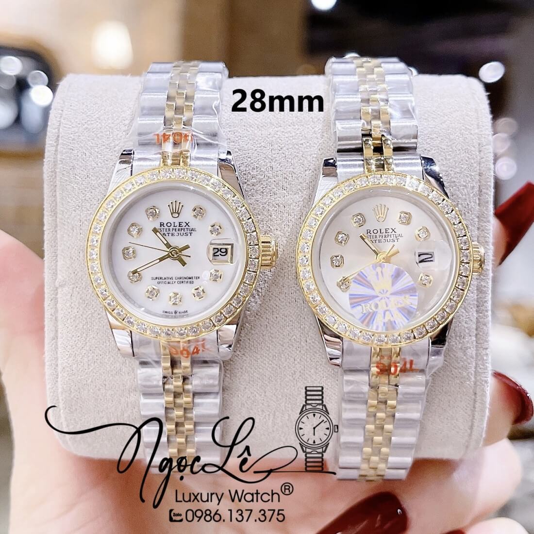 Đồng Hồ Nữ Rolex Datejust Máy Pin Đính Đá 28mm Demi Vàng Mặt Trắng