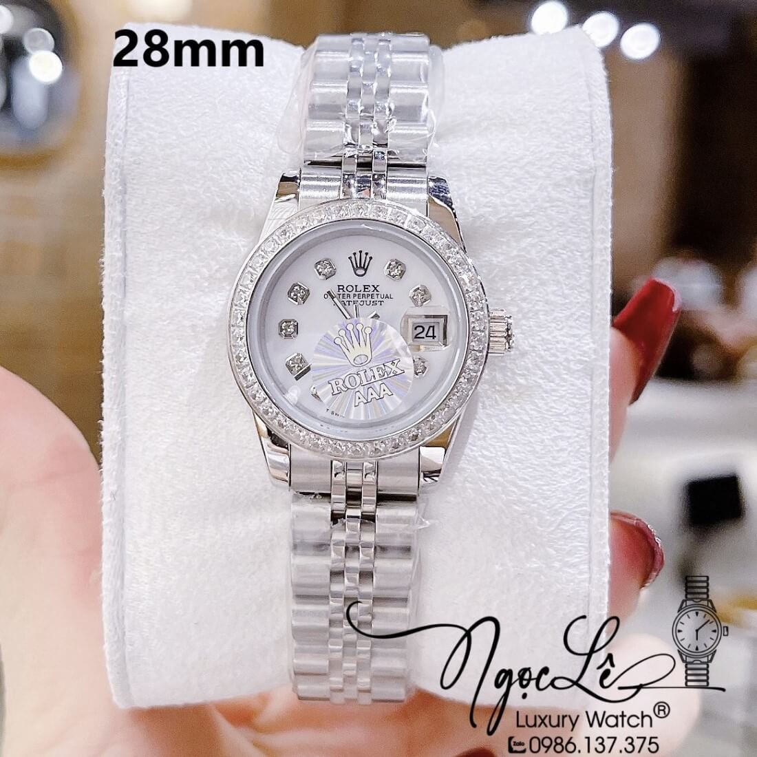 Đồng Hồ Nữ Rolex Datejust Máy Pin Đính Đá 28mm Bạc Mặt Trắng