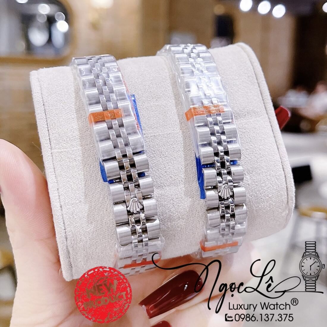 Đồng Hồ Nữ Rolex Datejust Pin Dây Kim Loại Bạc Mặt Hồng Xà Cừ Đính Đá Size 32mm