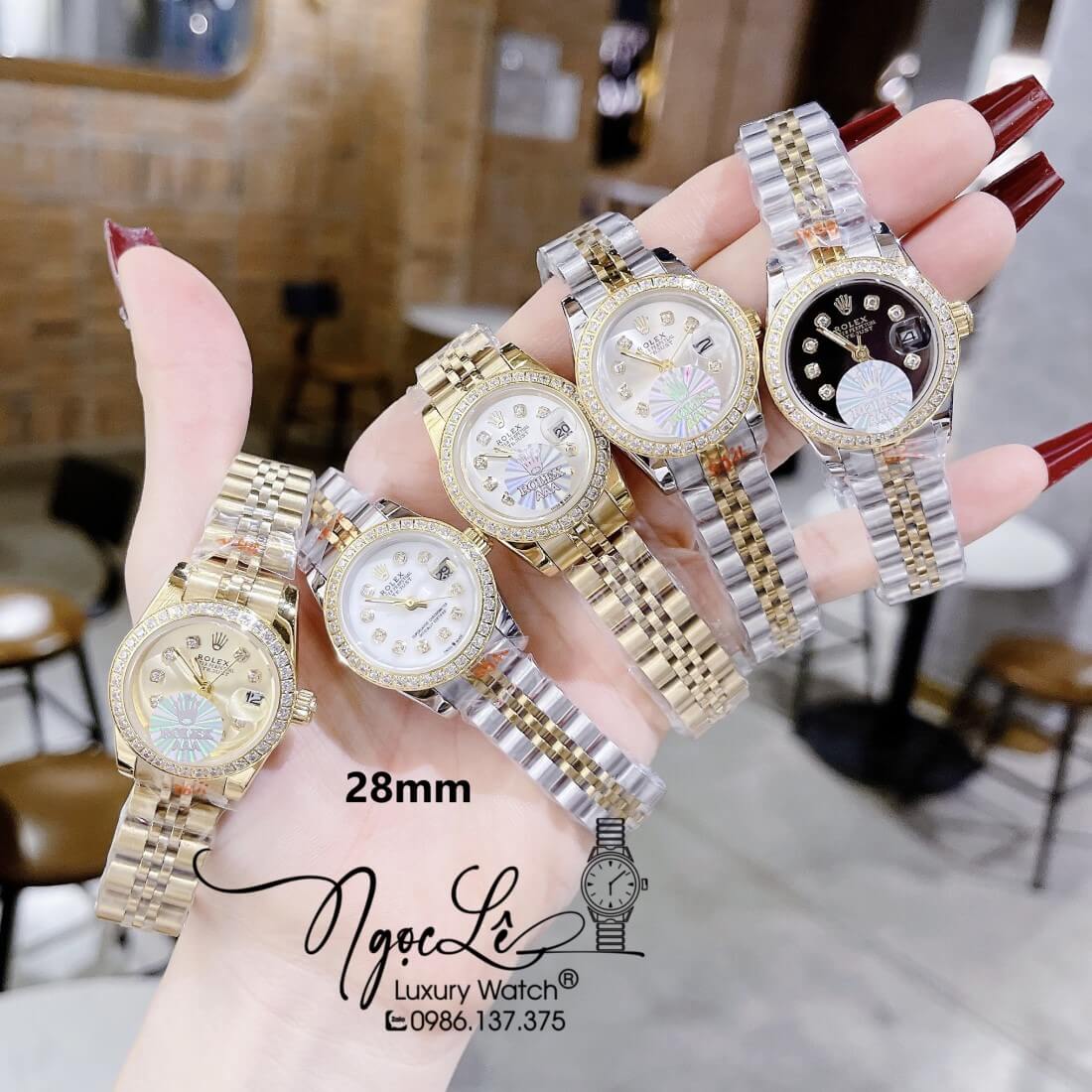 Đồng Hồ Nữ Rolex Datejust Máy Pin Đính Đá 28mm Bạc Mặt Đen