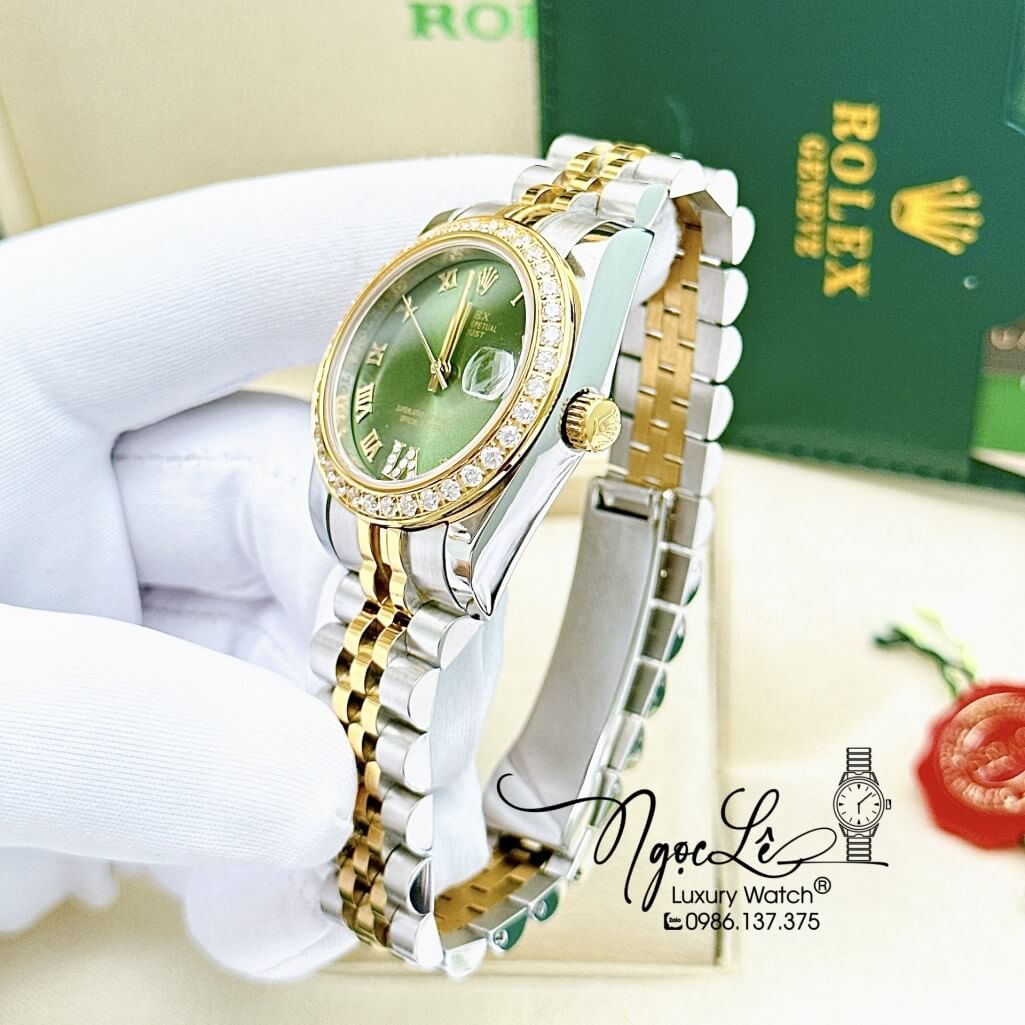 Đồng Hồ Rolex Datejust Tự Động Nữ Dây Kim Loại Demi Vàng Mặt Xanh Đính Đá 31mm