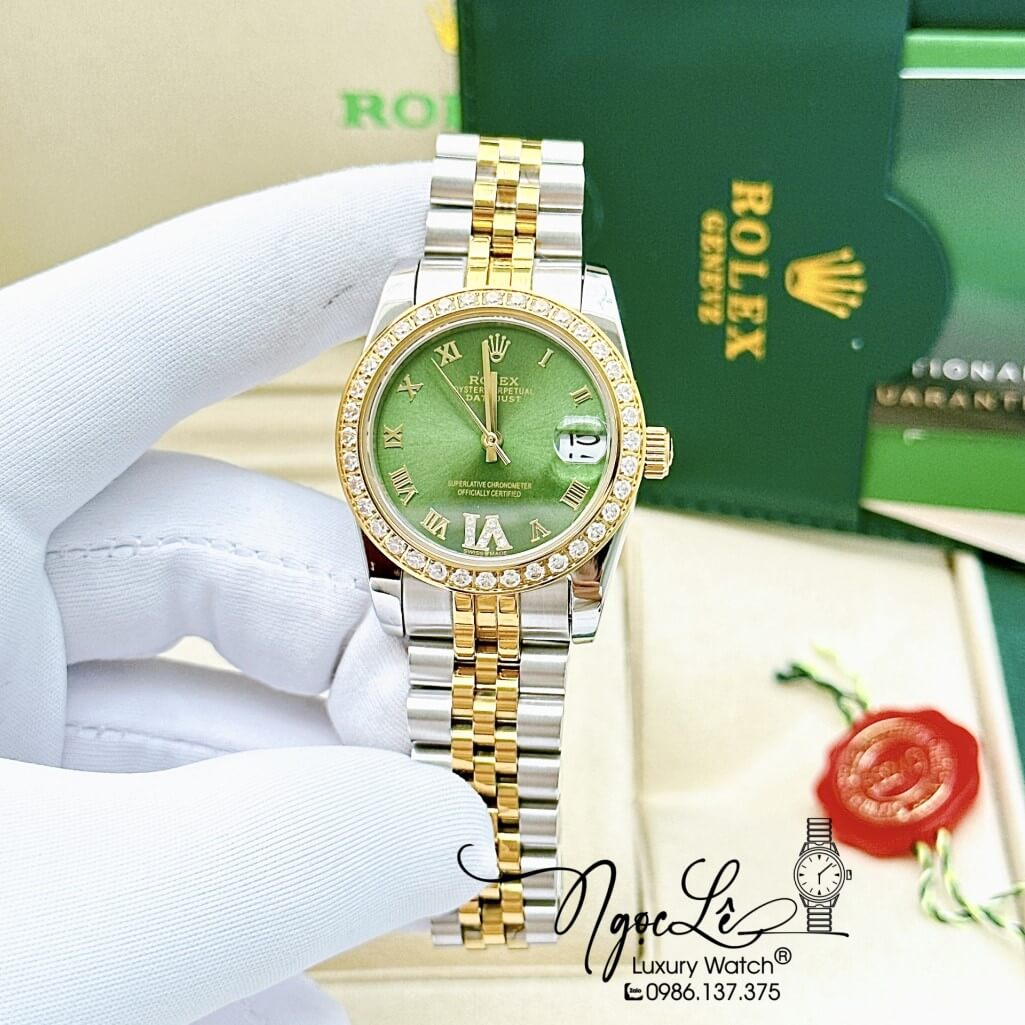 Đồng Hồ Rolex Datejust Tự Động Nữ Dây Kim Loại Demi Vàng Mặt Xanh Đính Đá 31mm