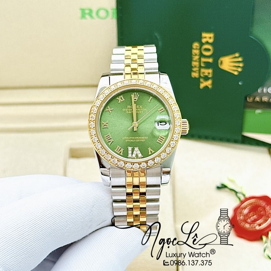 Đồng Hồ Rolex Datejust Tự Động Nữ Dây Kim Loại Demi Vàng Mặt Xanh Đính Đá 31mm