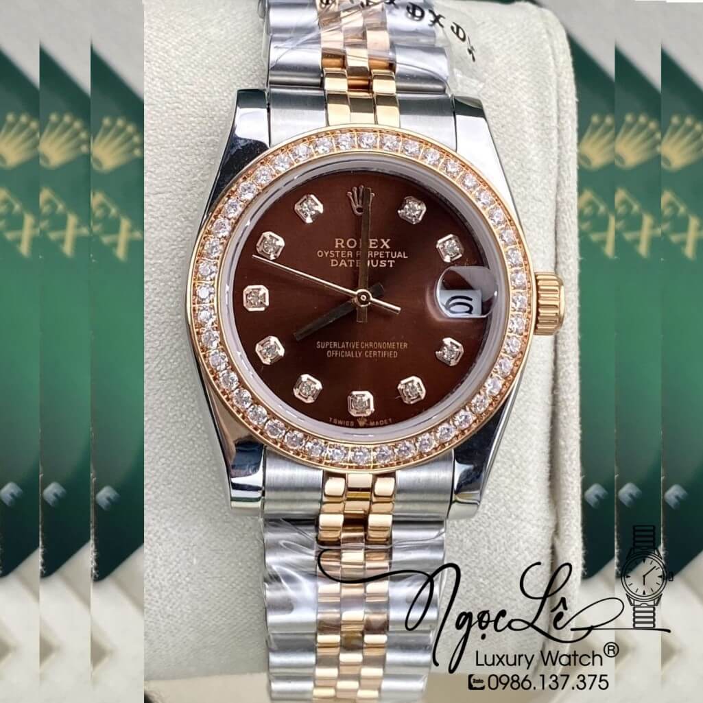 Đồng Hồ Rolex Datejust Tự Động Nữ Dây Kim Loại Demi Vàng Hồng Mặt Nâu Đính Đá 31mm